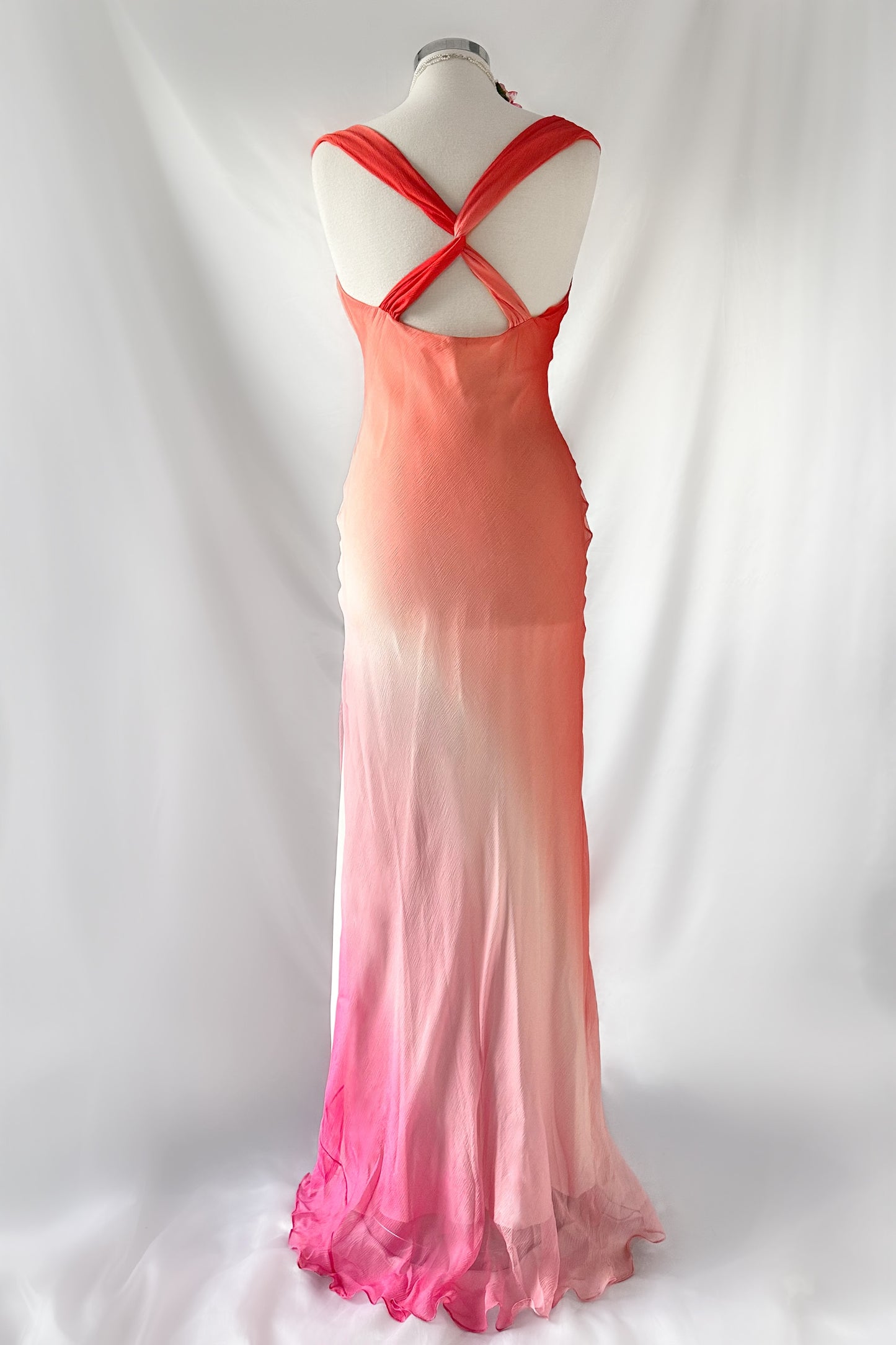 SUNSET BLOSSOM OMBRÉ FLORAL SILK MAXI DRESS