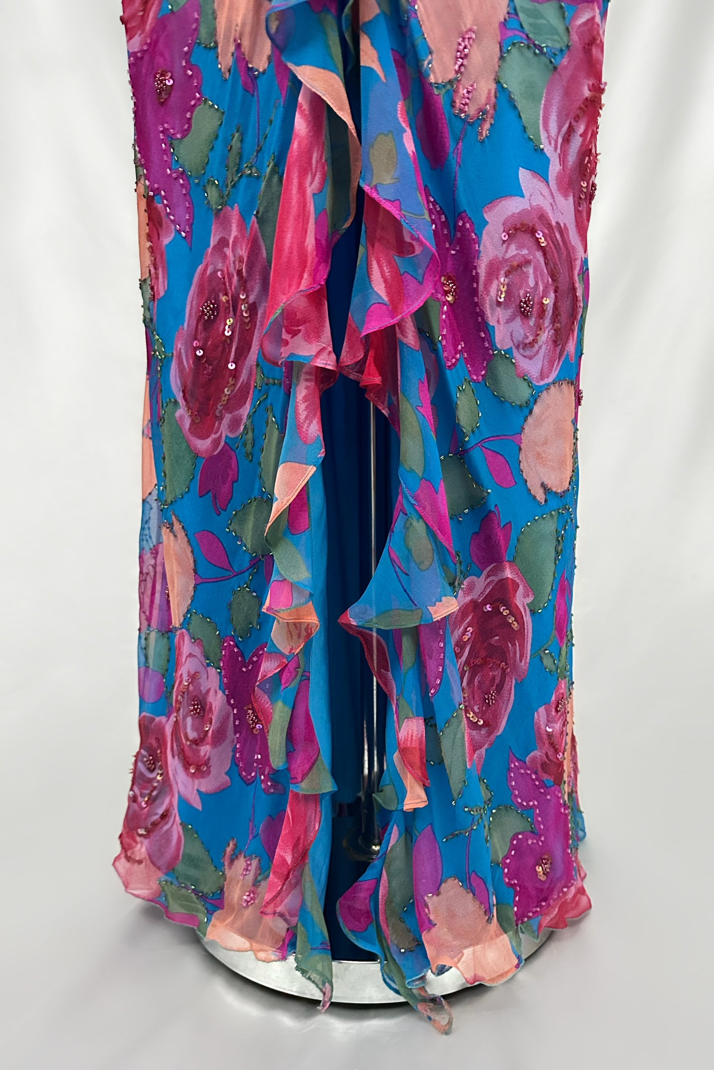 Cerulean Blue Floral Silk Embellished Maxi Dress