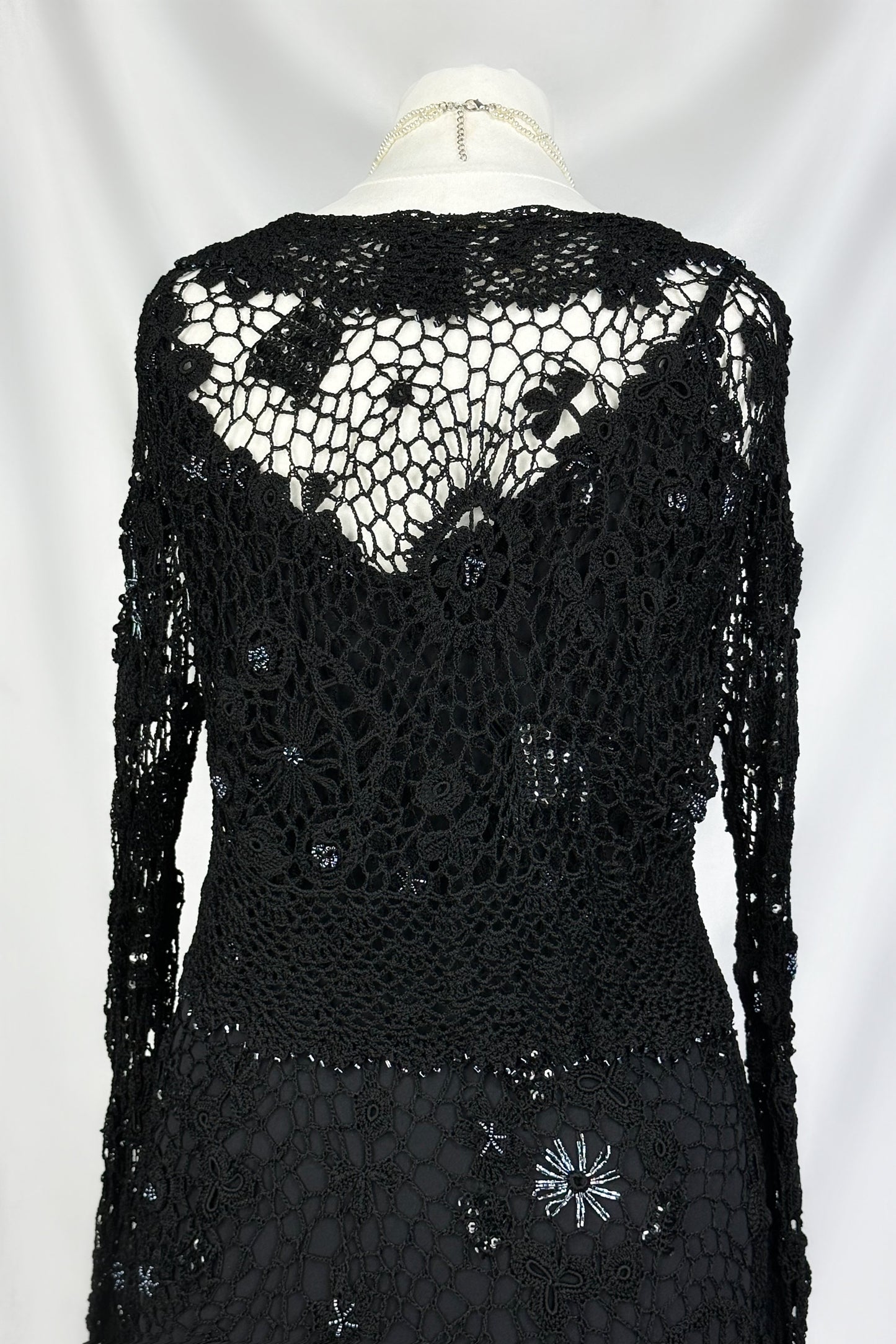 MIDNIGHT SIREN BLACK CROCHET BEADED MIDAXI DRESS & MATCHING CARDIGAN