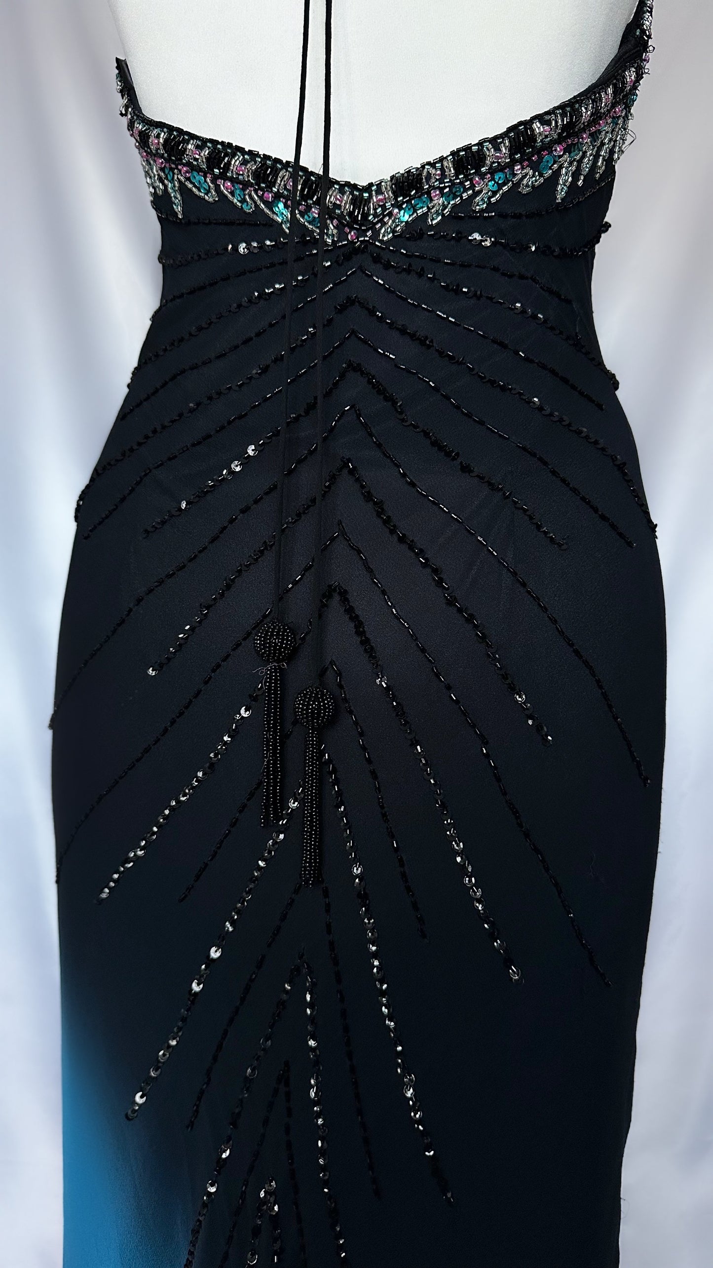 STARBURST BLACK SILK OMBRÉ EMBELLISHED HALTER MAXI DRESS