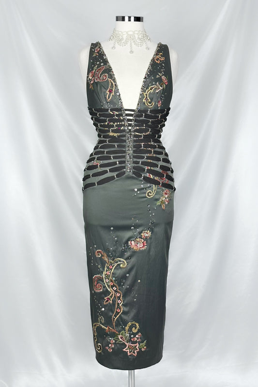 STEEL GREY COUTURE EMBELLISHED V-NECK MIDI DRESS