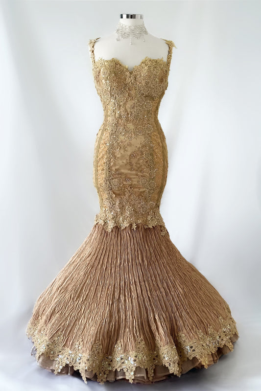 GOLDEN GLAMOUR EMBELLISHED FISHTAIL CORSET GOWN