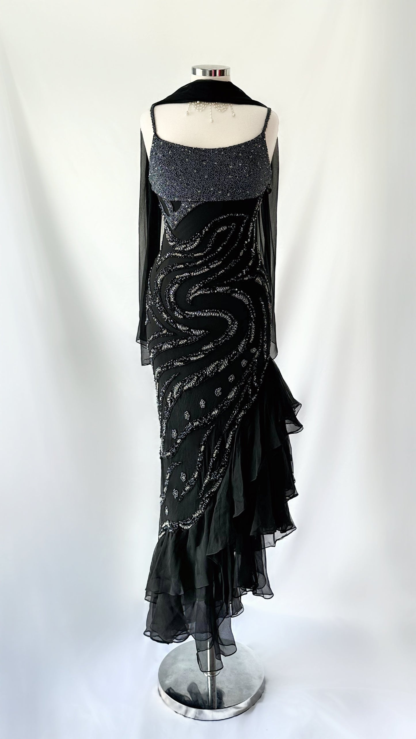 DARK RUFFLES EMBELLISHED SILK DRESS & SCARF SET