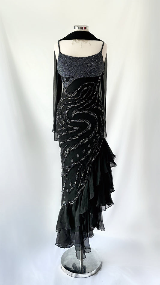 DARK RUFFLES EMBELLISHED SILK DRESS & SCARF SET