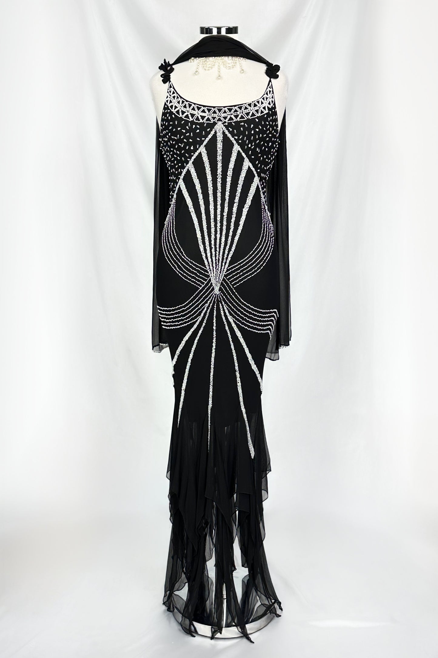 MIDNIGHT STARDUST NOIR SILK EMBELLISHED MAXI DRESS & MATCHING SCARF SET