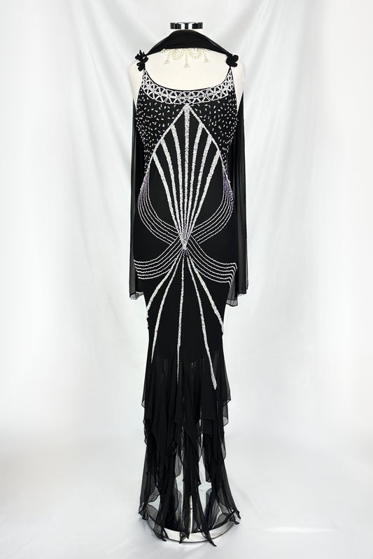 MIDNIGHT STARDUST NOIR SILK EMBELLISHED MAXI DRESS & MATCHING SCARF SET