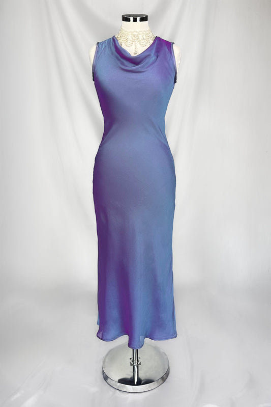 IRIDESCENT MOON PERIWINKLE & VIOLET COWL MIDI DRESS