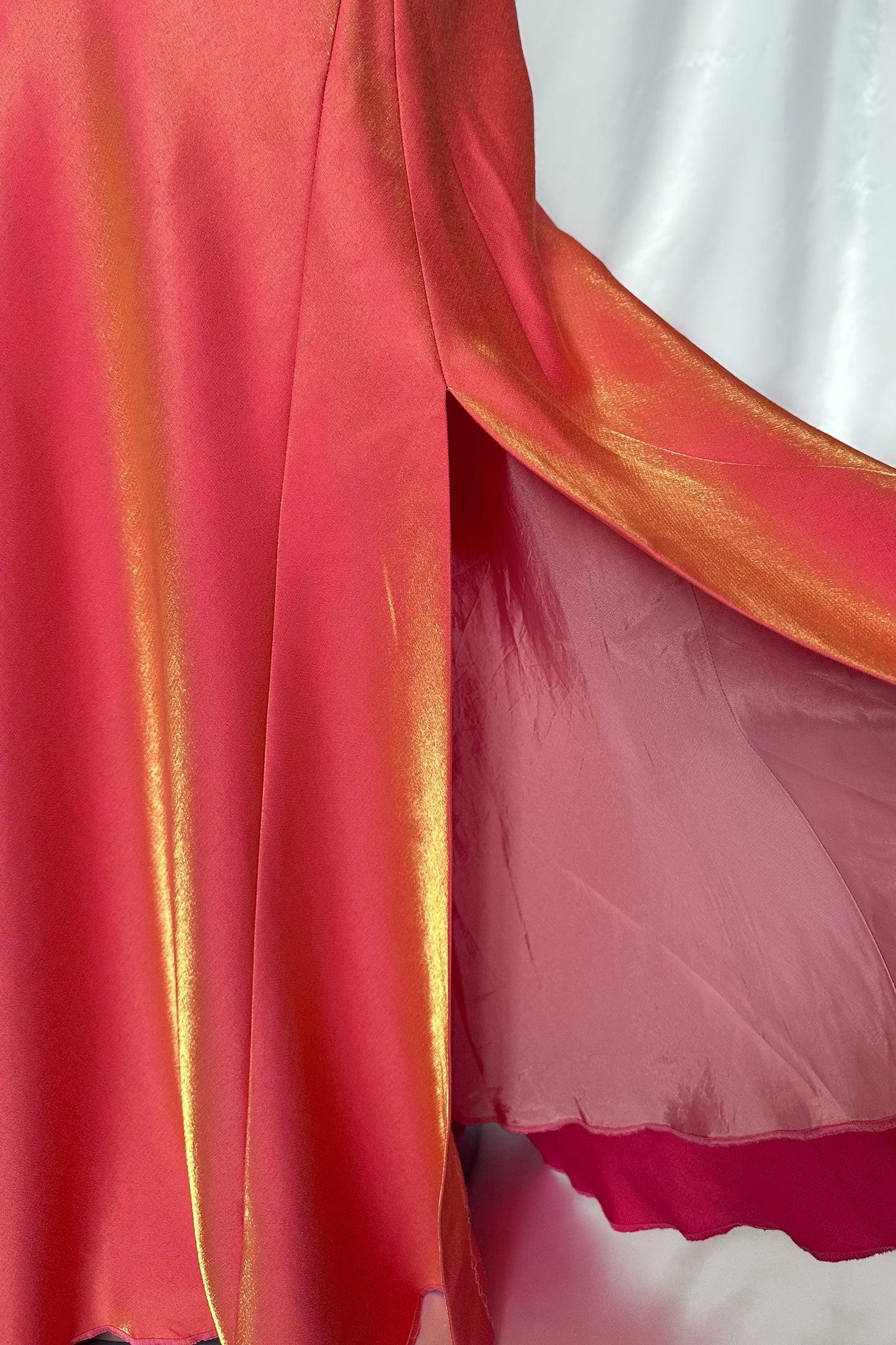 FIERY IRIDESCENT GUAVA HALTER NECK DRESS WITH LEG SLIT