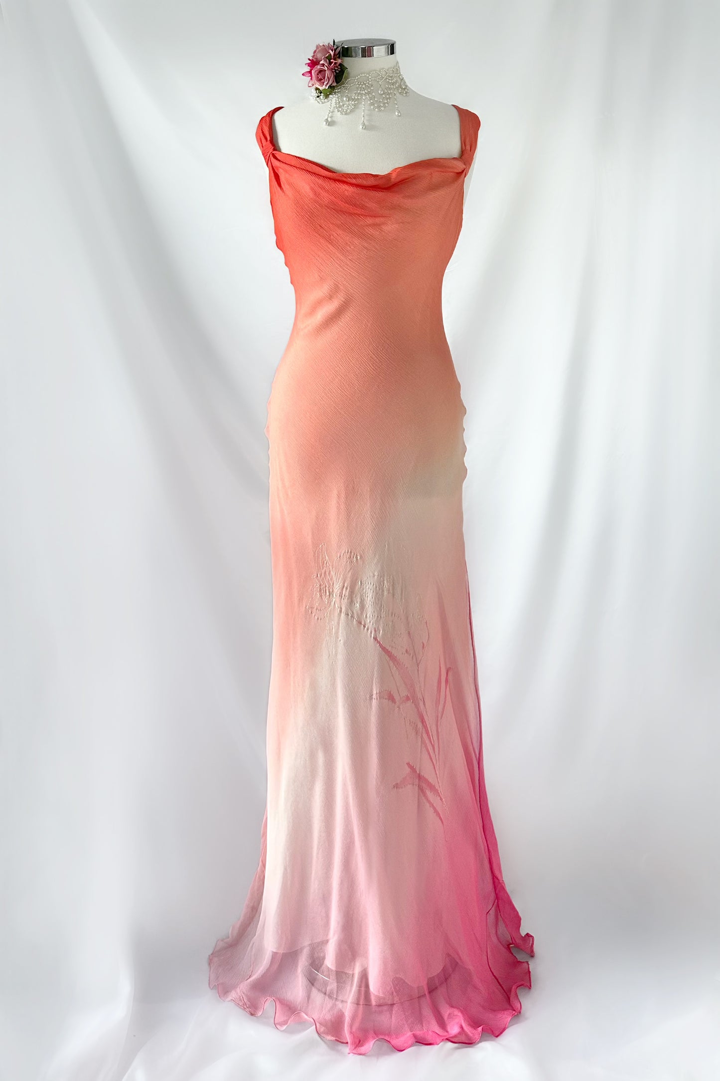 SUNSET BLOSSOM OMBRÉ FLORAL SILK MAXI DRESS