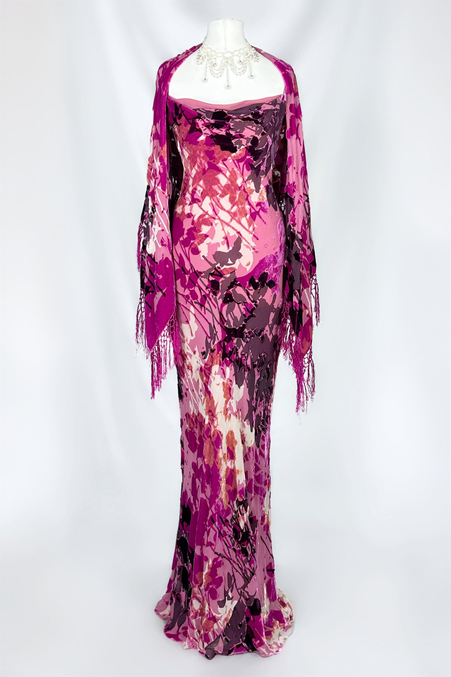 FUSCHIA FLORALS VELVET SILK DEVORE MAXI DRESS WITH SHAWL