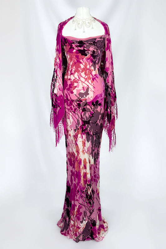 FUSCHIA FLORALS VELVET SILK DEVORE MAXI DRESS WITH SHAWL