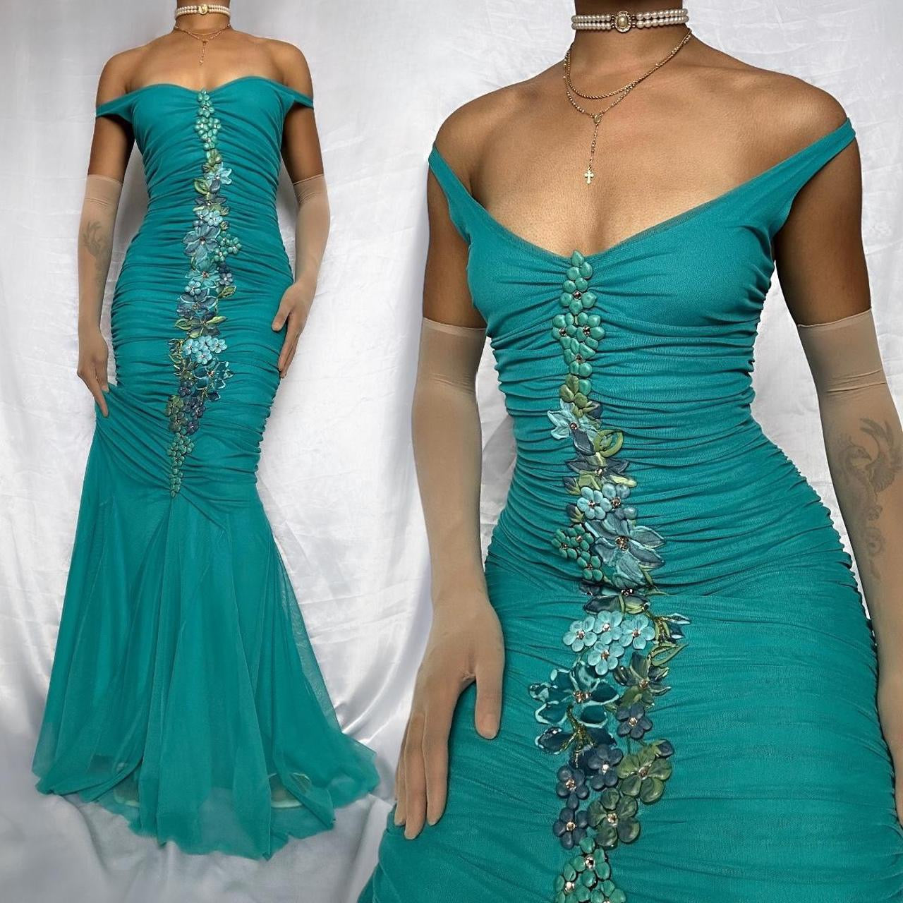 TURQUOISE GLAMOUR FISHTAIL GOWN BY EMA SAVAHL COUTURE