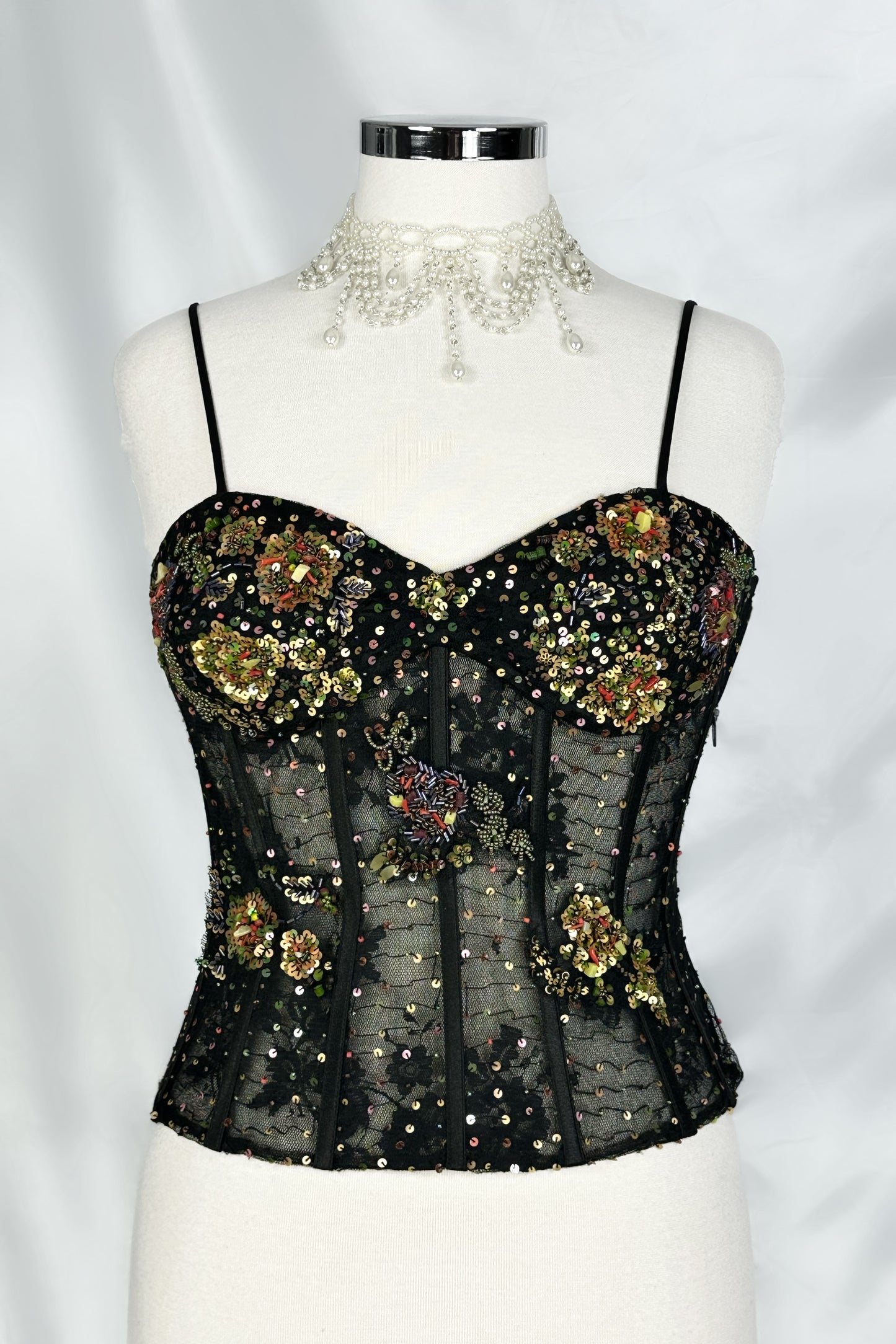 90s French Mesh Embellished Black Corset Top