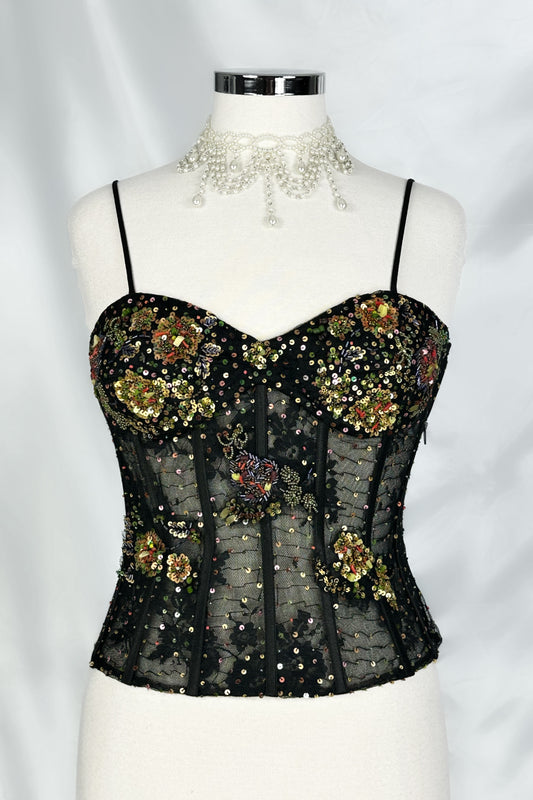 90s French Mesh Embellished Black Corset Top