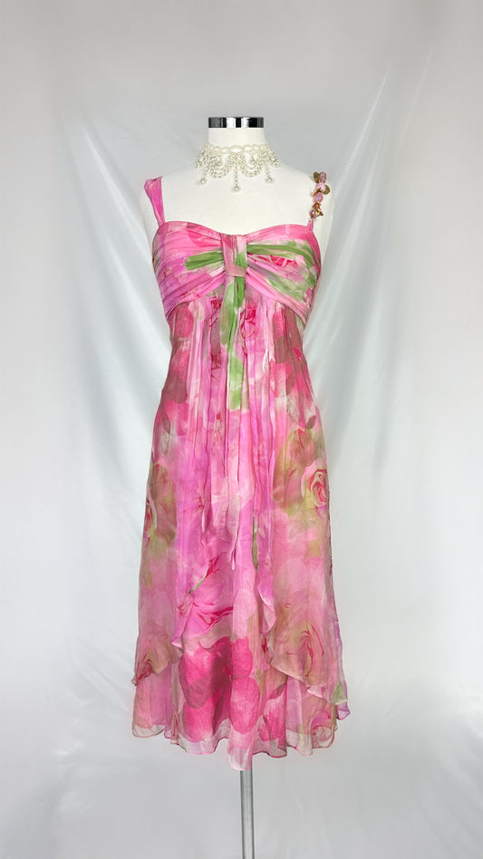 PINK GARDENIA SILK CHIFFON MIDI DRESS