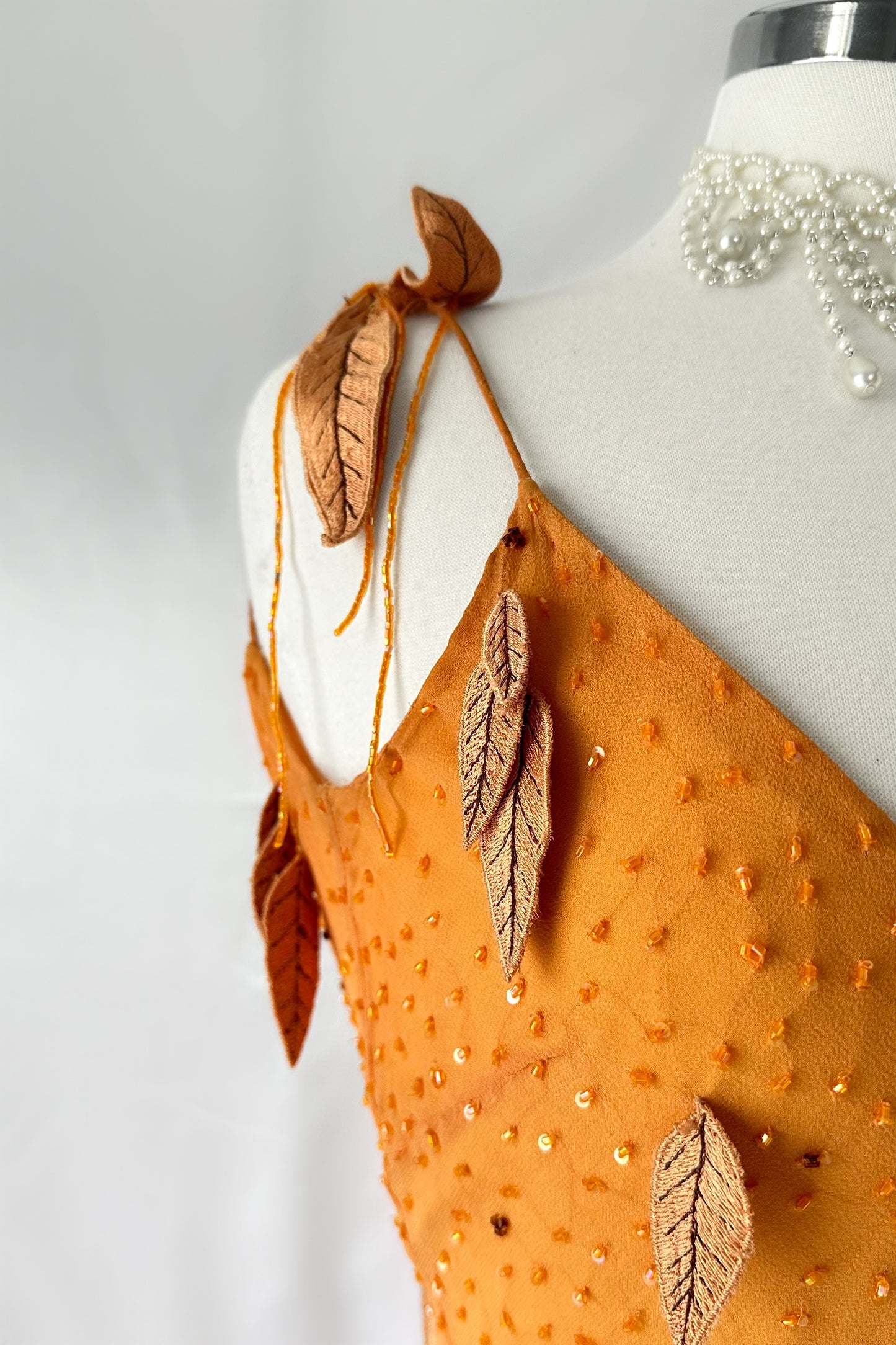 AUTUMN EMBER LEAF EMBELLISHED SILK MAXI DRESS