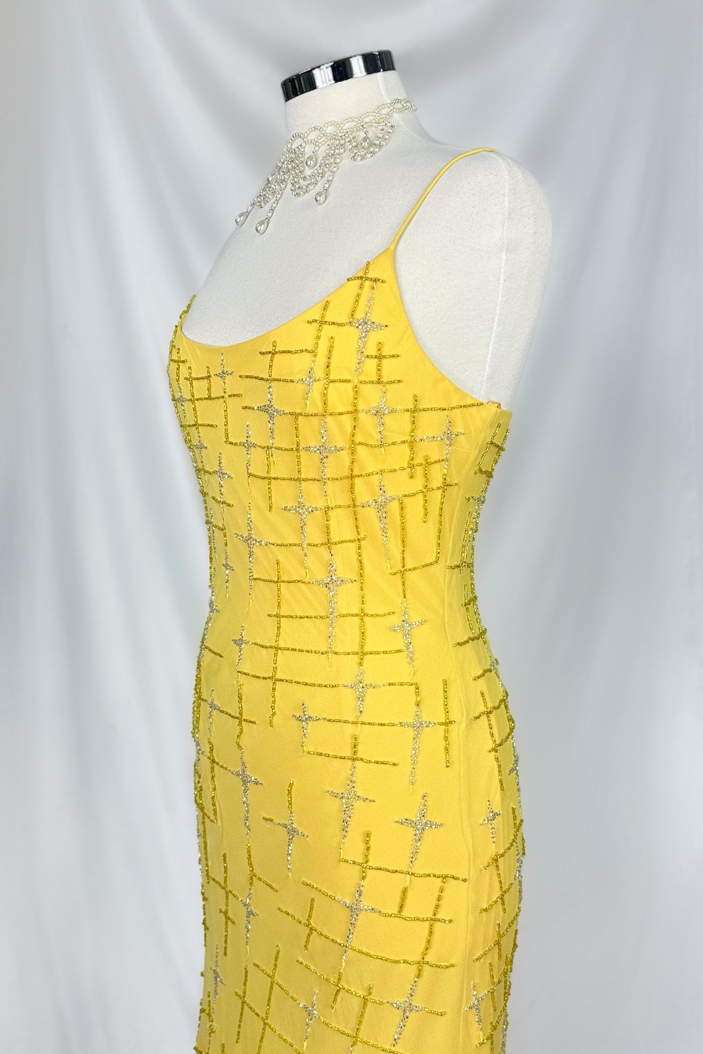 GOLDEN STARBURST EMBELLISHED SILK YELLOW MIDI DRESS