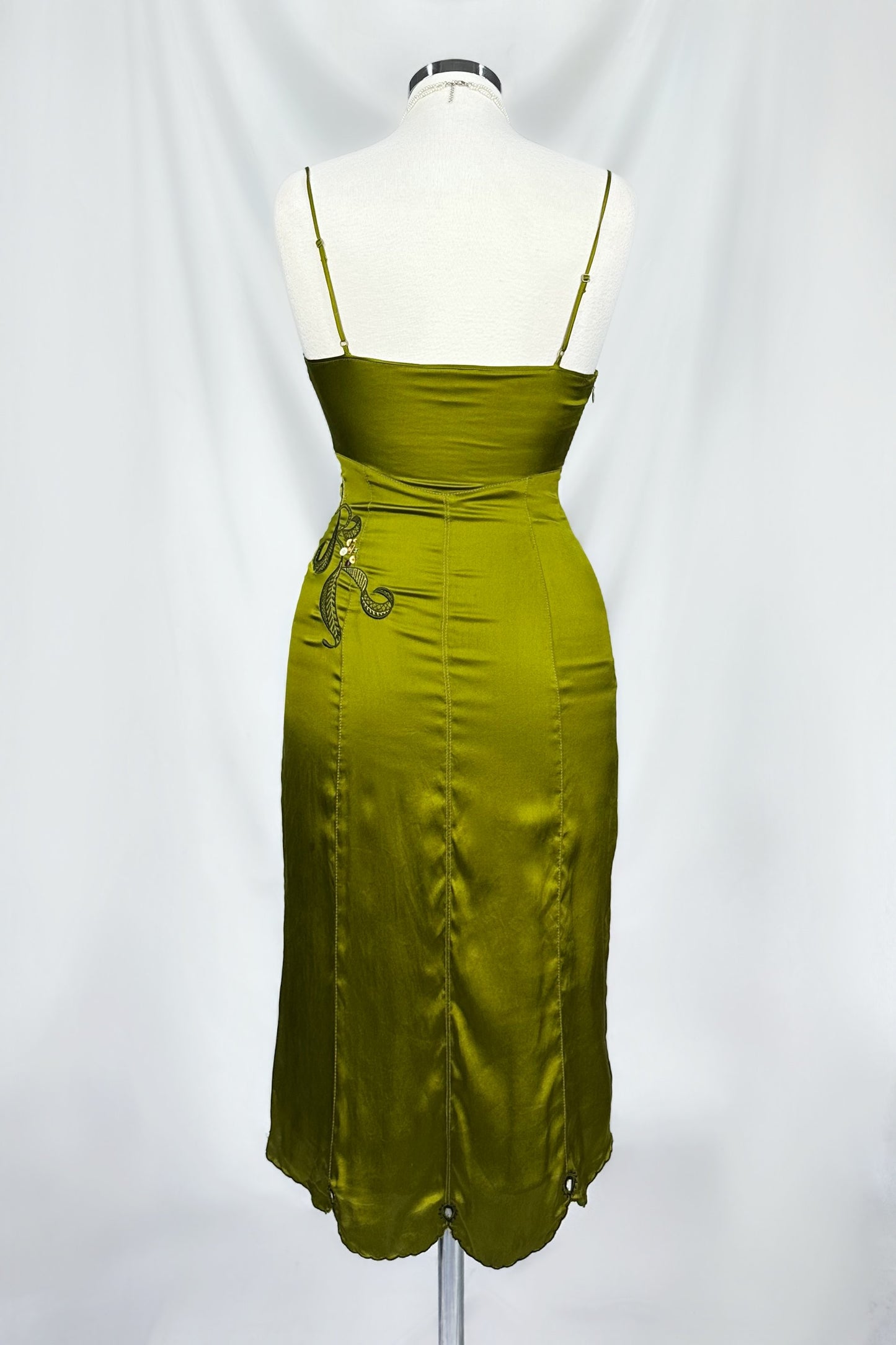 OLIVE MARTINI FAIRY SILK EMBROIDERED MIDI DRESS