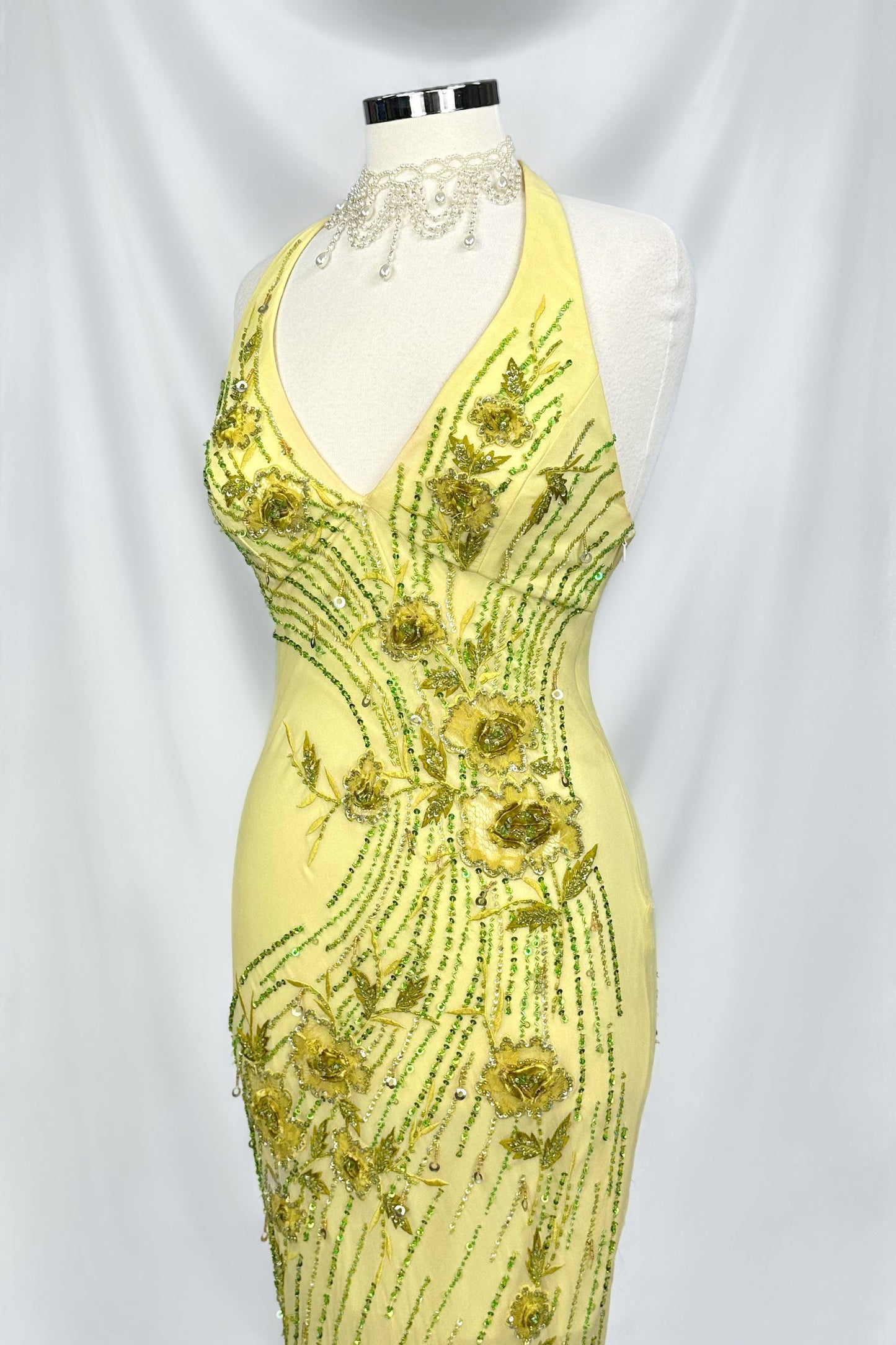 GOLDEN IVY YELLOW SILK EMBELLISHED MIDAXI DRESS