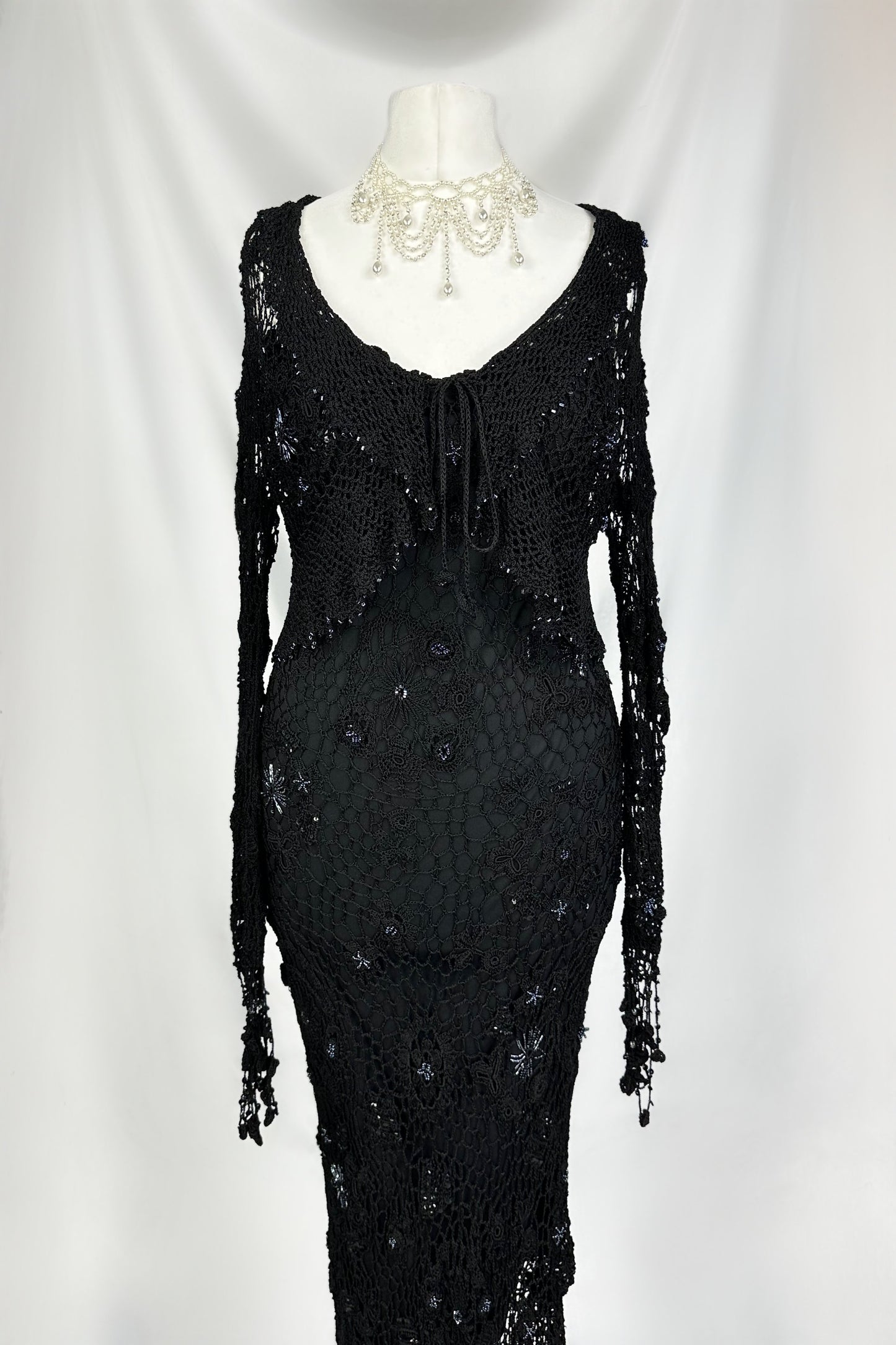 MIDNIGHT SIREN BLACK CROCHET BEADED MIDAXI DRESS & MATCHING CARDIGAN