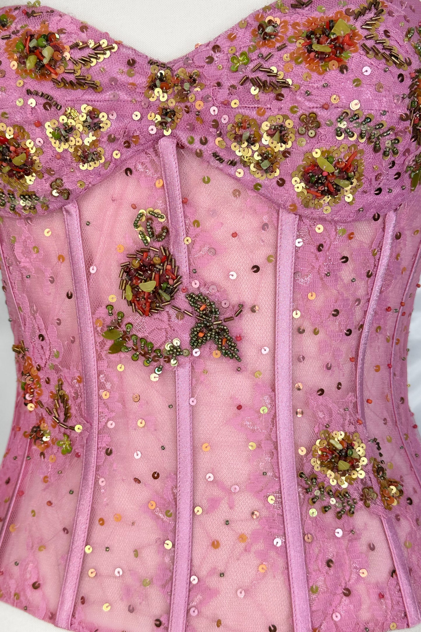 90s French Mesh Embellished Pink Corset Top