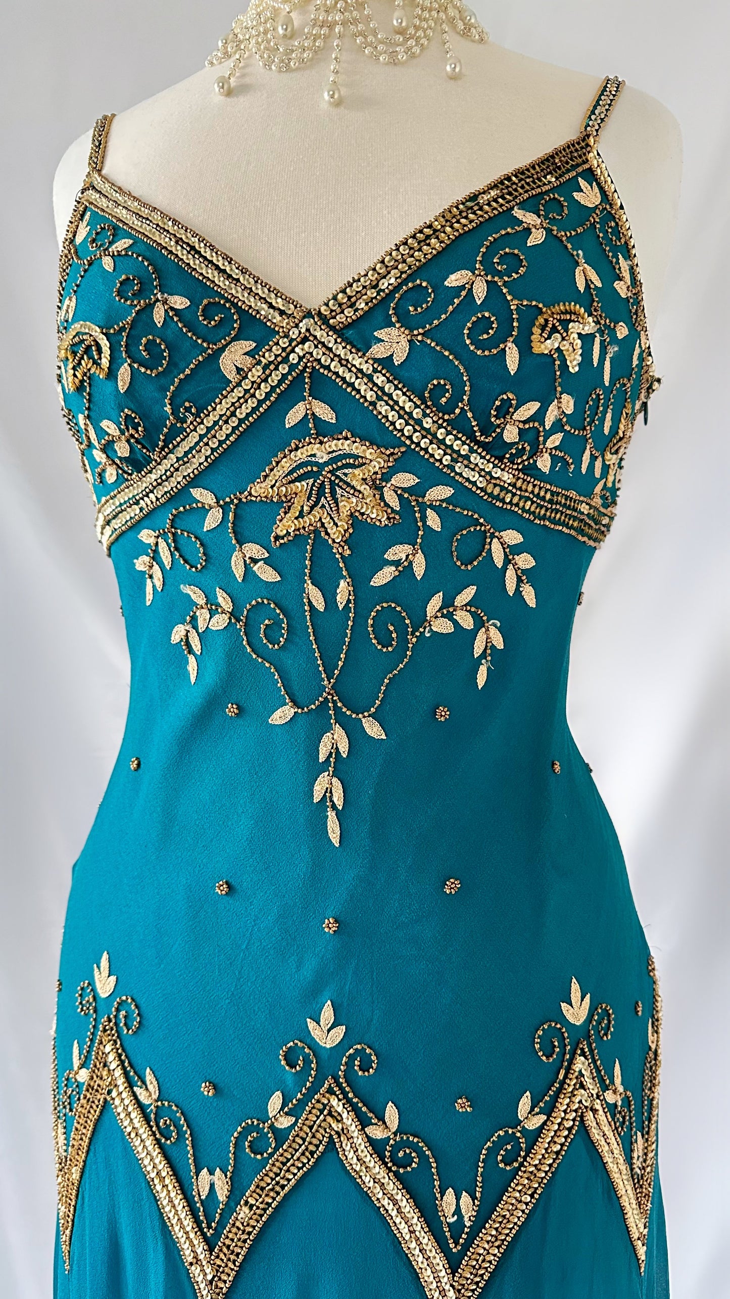 DARK TEAL GOLD FAIRY ENCHANTMENT SILK MIDI DRESS