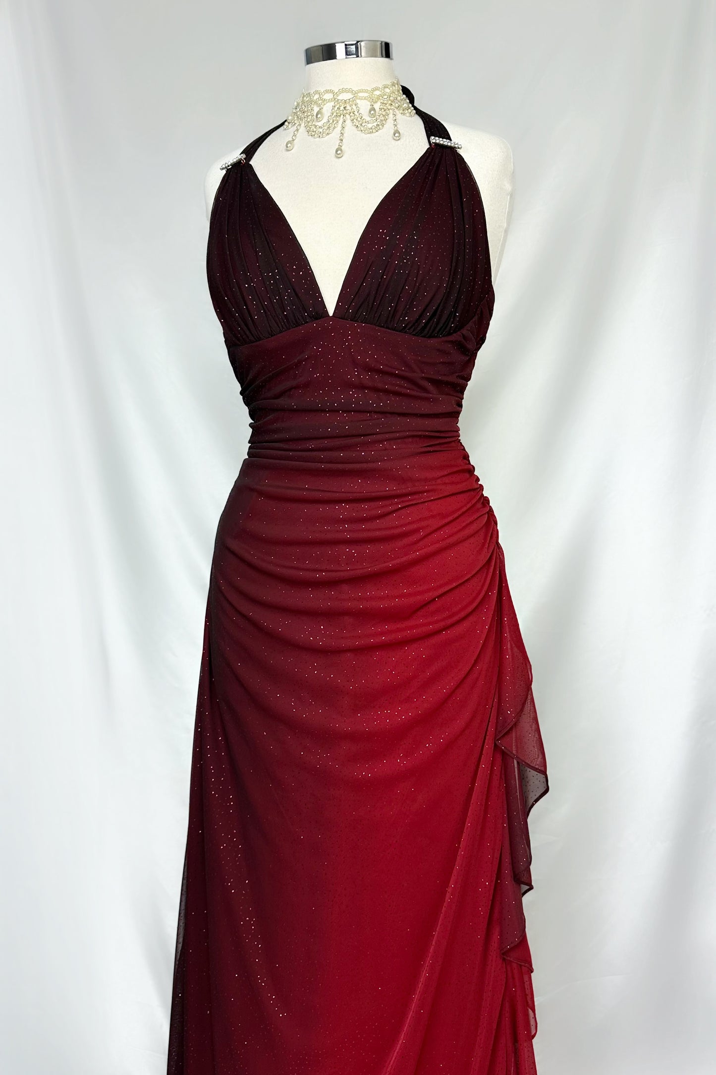 SHIMMERING GARNET OMBRÉ HALTER NECK MAXI DRESS