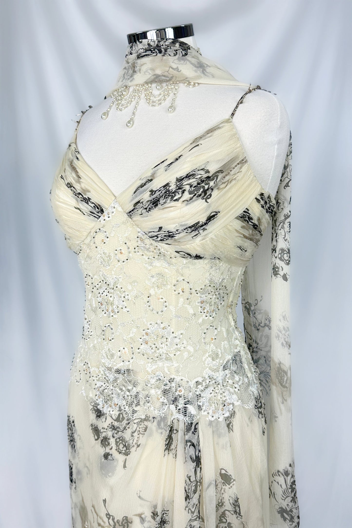 IVORY REVERIE SILK LACE EMBELLISHED MAXI DRESS WITH MATCHING SCARF