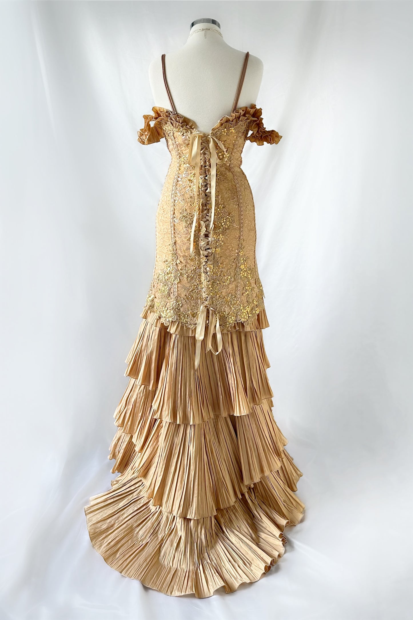 GOLDEN EMPRESS RUFFLE TIERED EMBELLISHED GOWN
