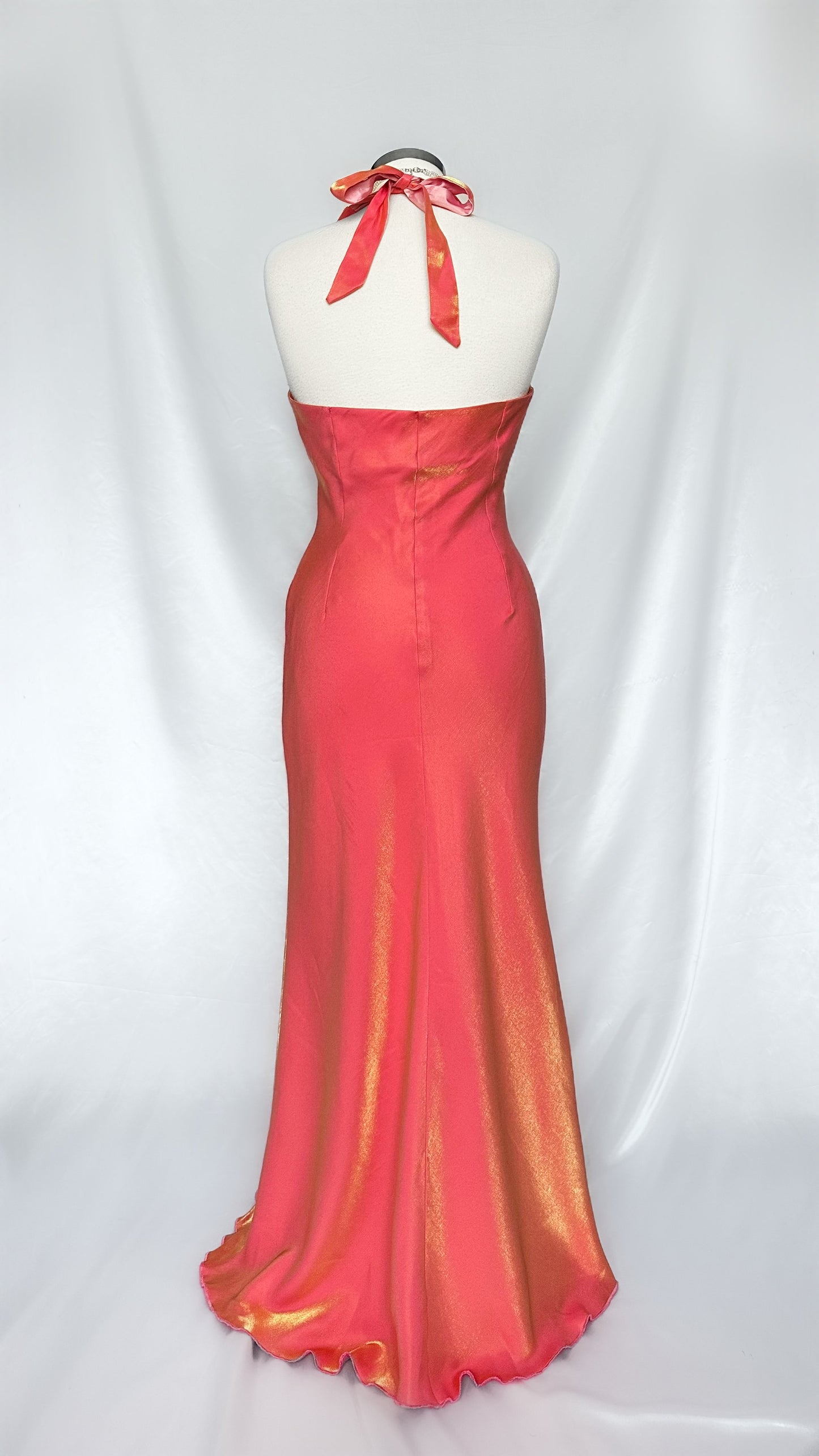 FIERY IRIDESCENT GUAVA HALTER NECK DRESS WITH LEG SLIT