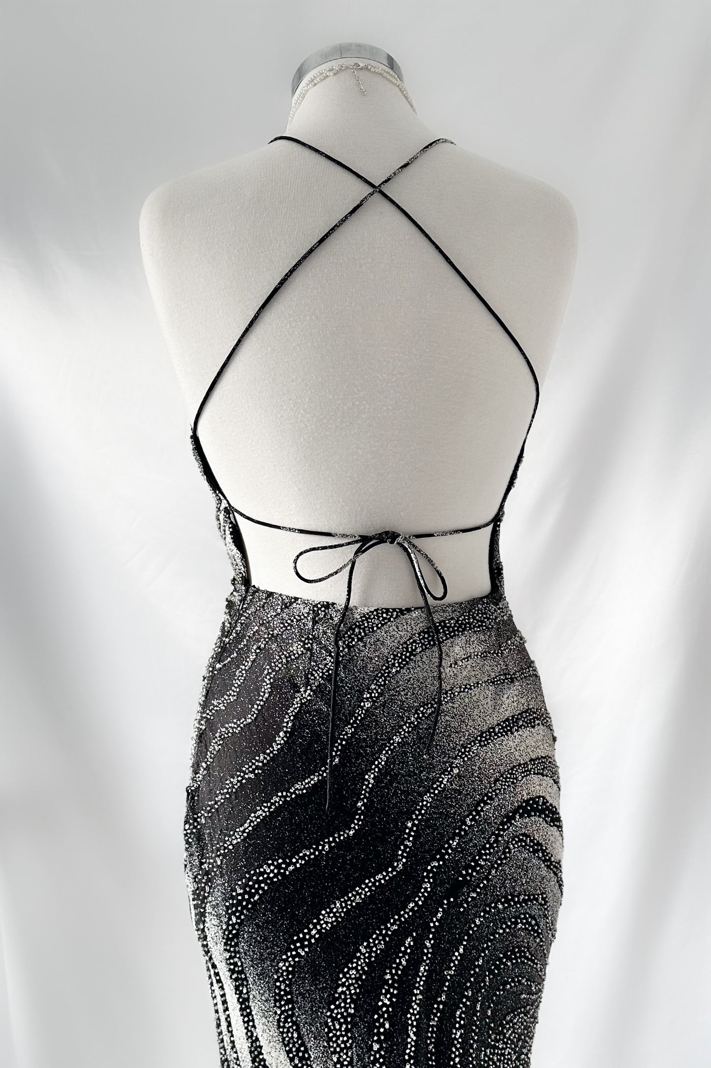 ZEBRA PRINT SILK EMBELLISHED BACKLESS GOWN & SCARF SET