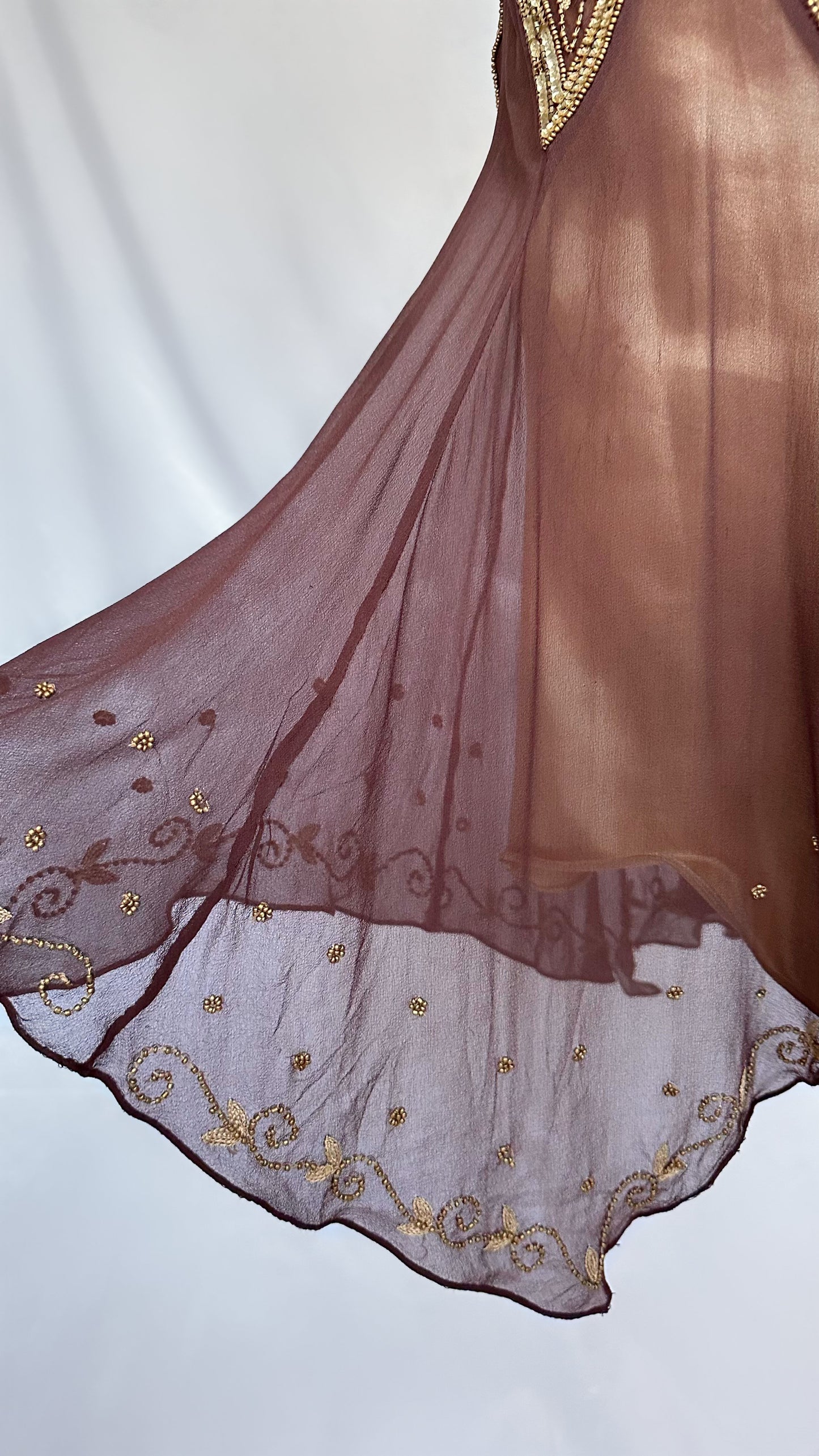 CHESTNUT BROWN & GOLD SILK  EMBELLISHED MIDI DRESS