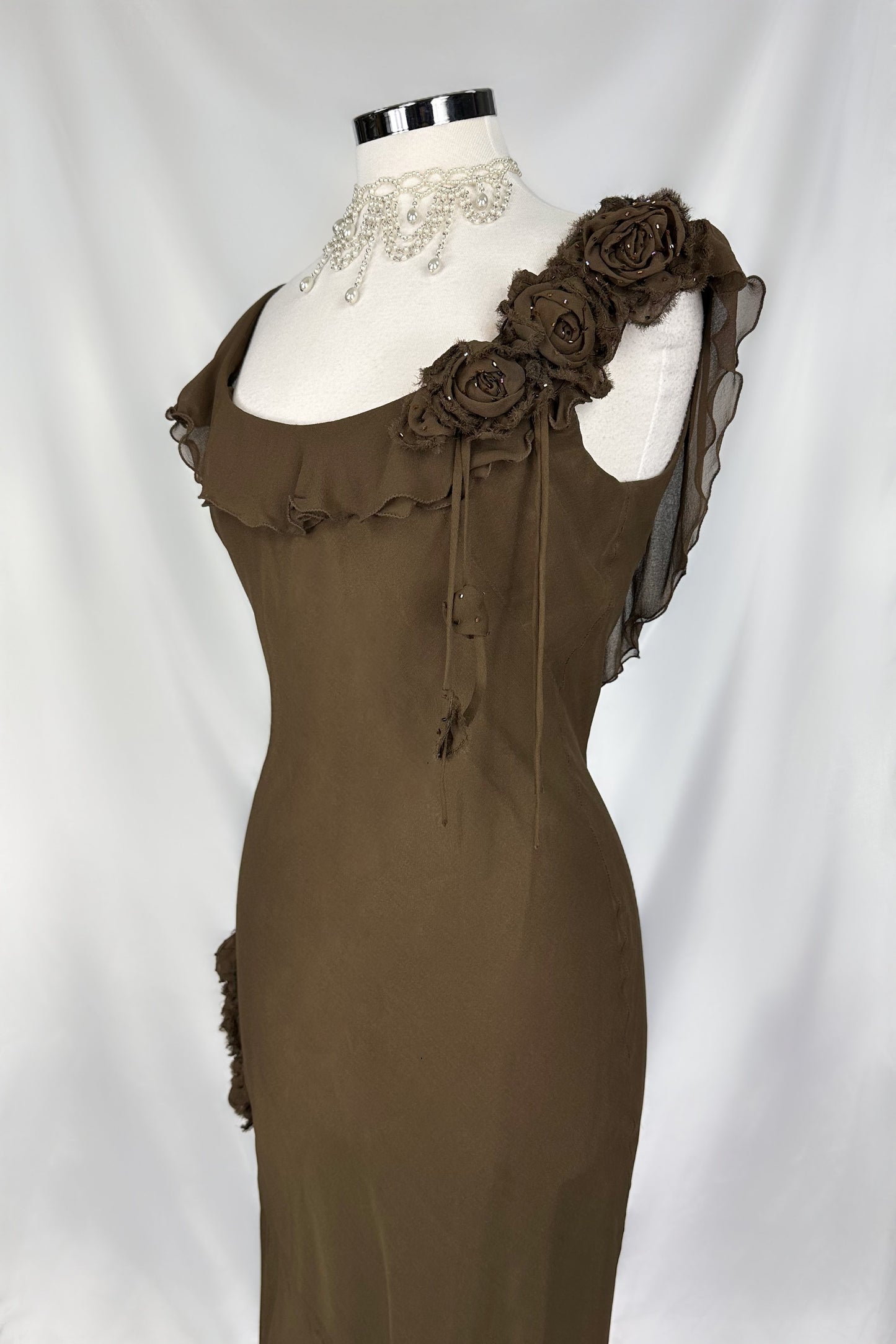 MOCHA BROWN ROSETTE SILK RUFFLE MIDAXI DRESS