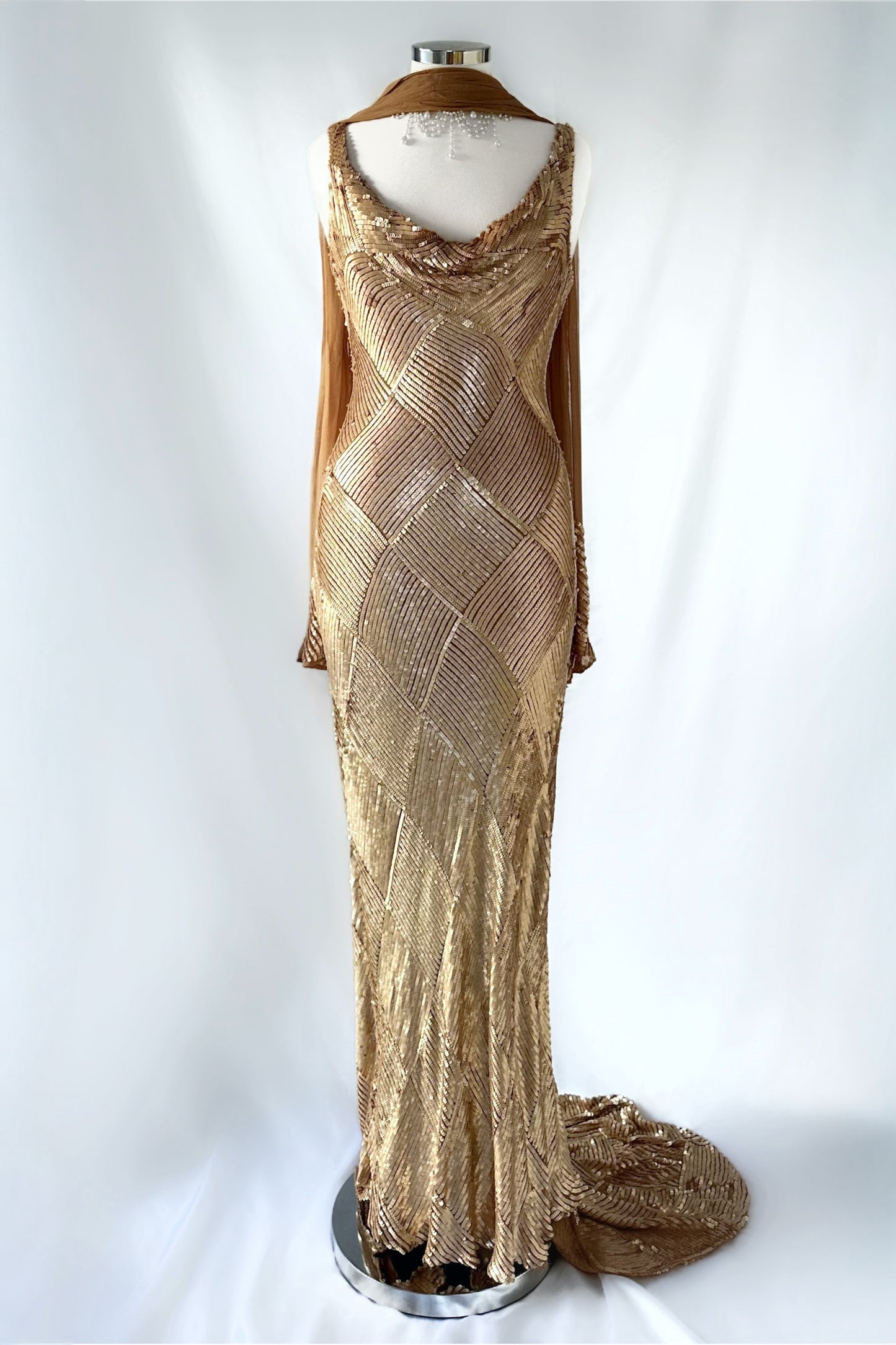 OLD HOLLYWOOD GOLD SEQUIN SILK GOWN & SCARF SET