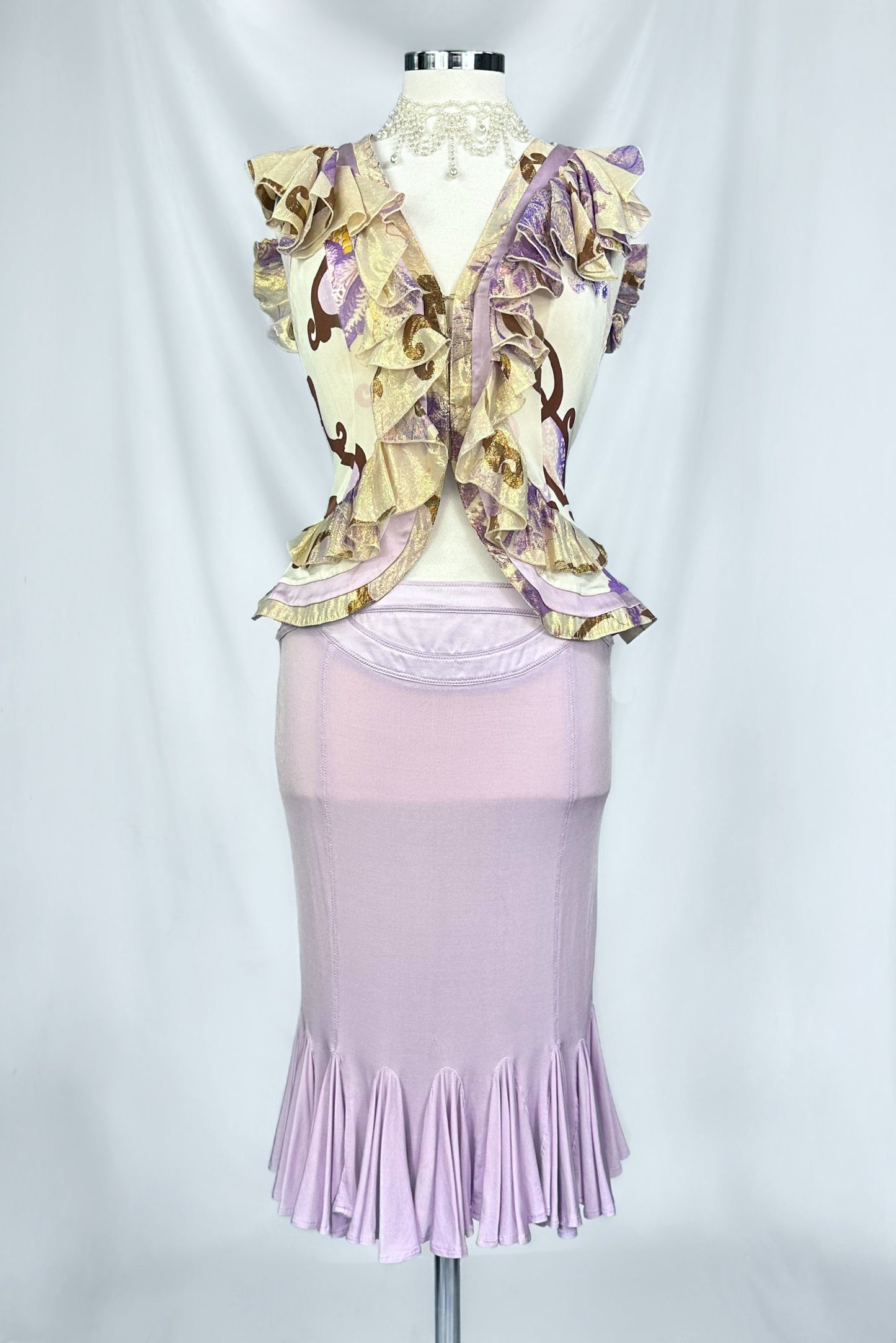 VINTAGE 00s ROBERTO CAVALLI LILAC GOLD RUFFLE PEPLUM TOP & SKIRT SET