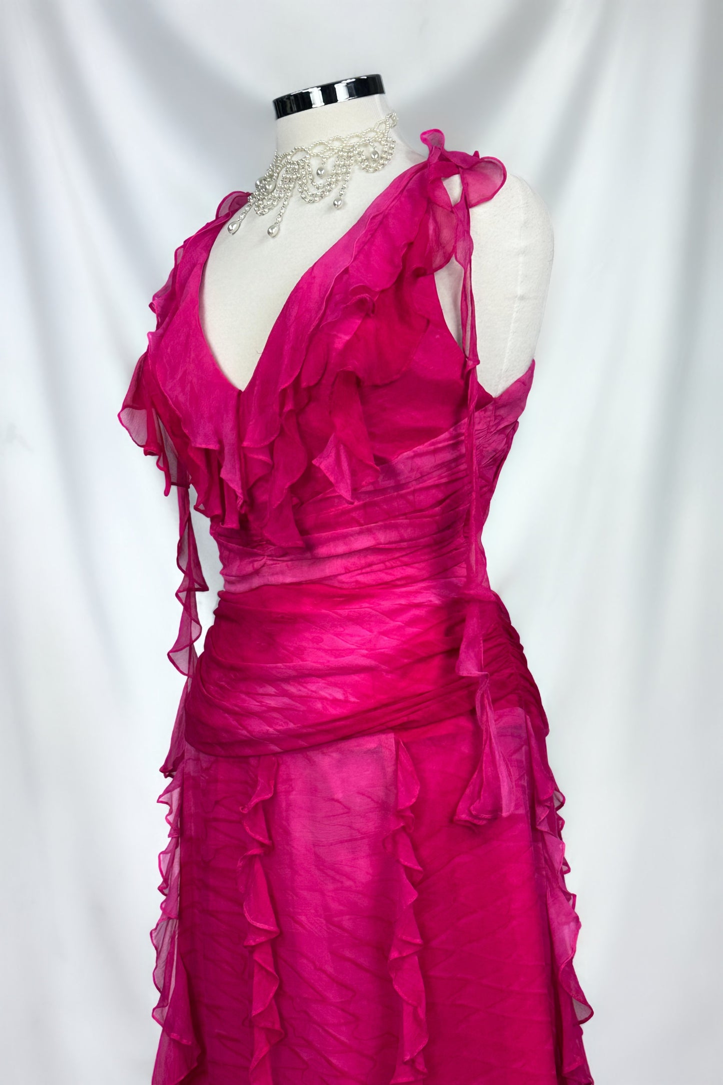 ROSE RUFFLE SILK BACKLESS MAXI DRESS