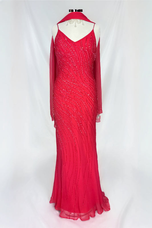 FLAMED ROSE RED EMBELLISHED GOWN & SCARF SEF