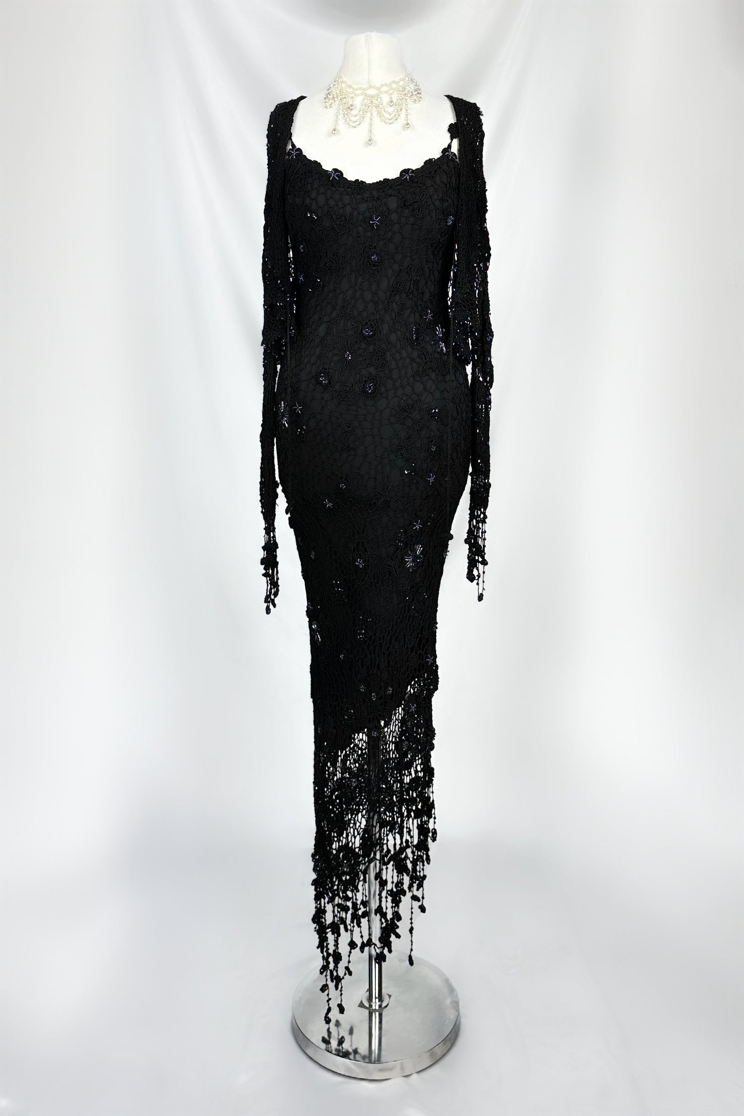 MIDNIGHT SIREN BLACK CROCHET BEADED MIDAXI DRESS & MATCHING CARDIGAN