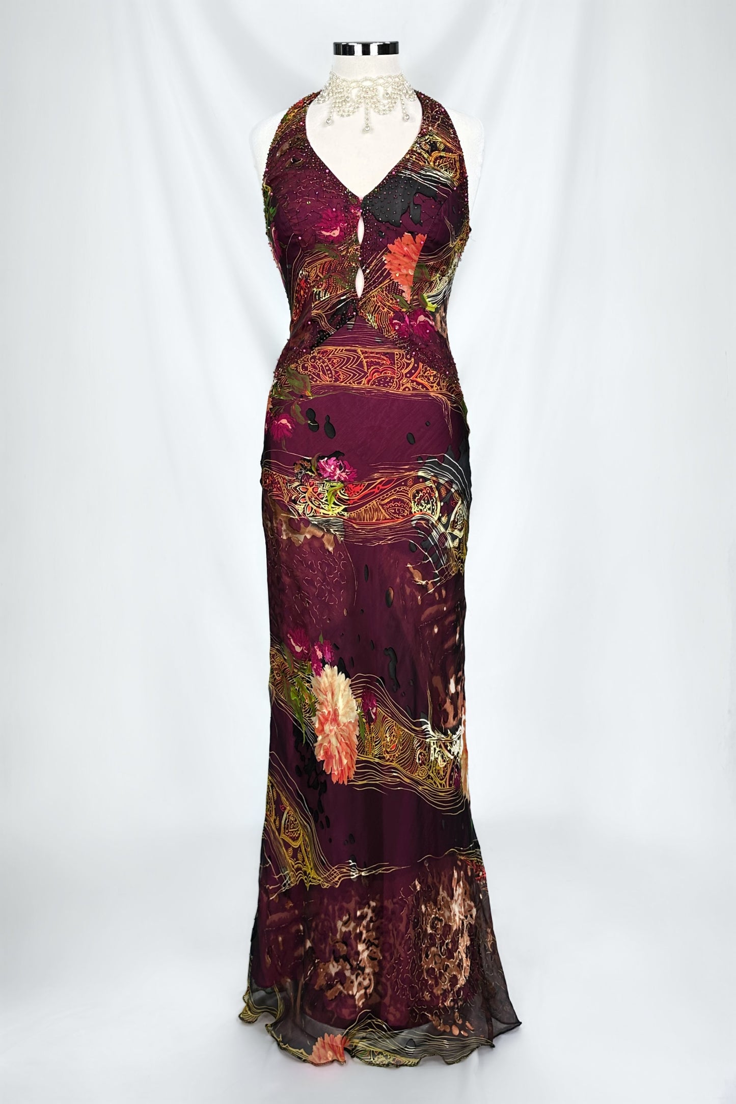 PLUM MIRAGE EMBELLISHED SILK DEVORE HALTER MAXI DRESS