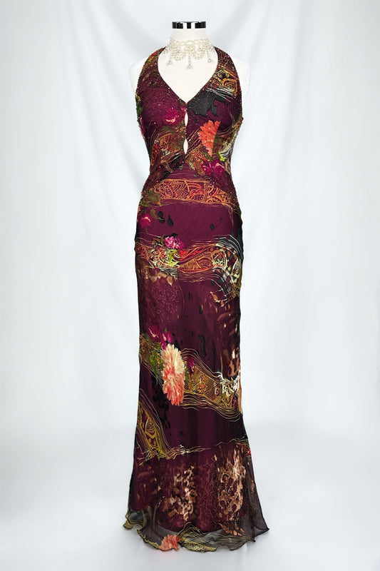 PLUM MIRAGE EMBELLISHED SILK DEVORE HALTER MAXI DRESS