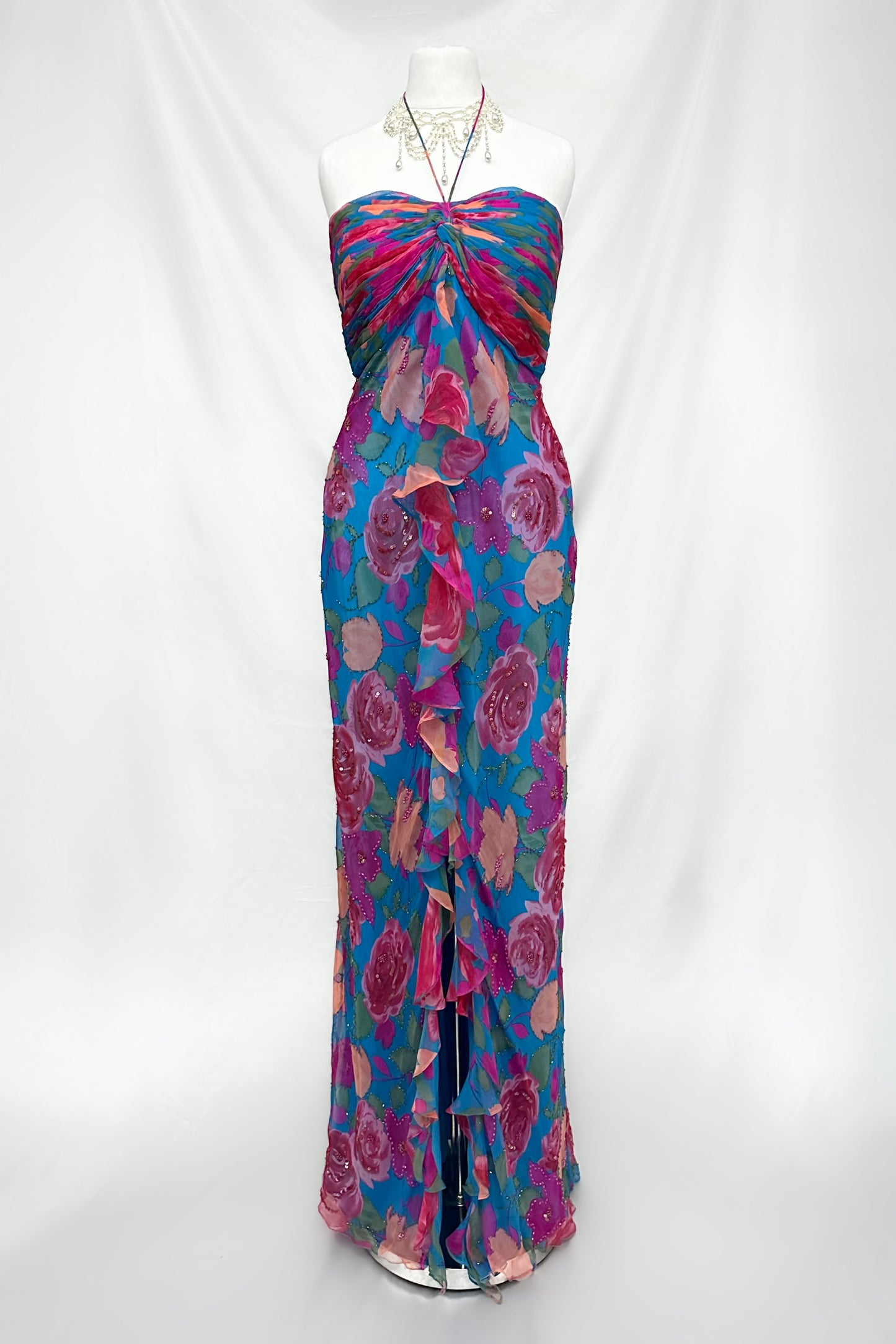 Cerulean Blue Floral Silk Embellished Maxi Dress