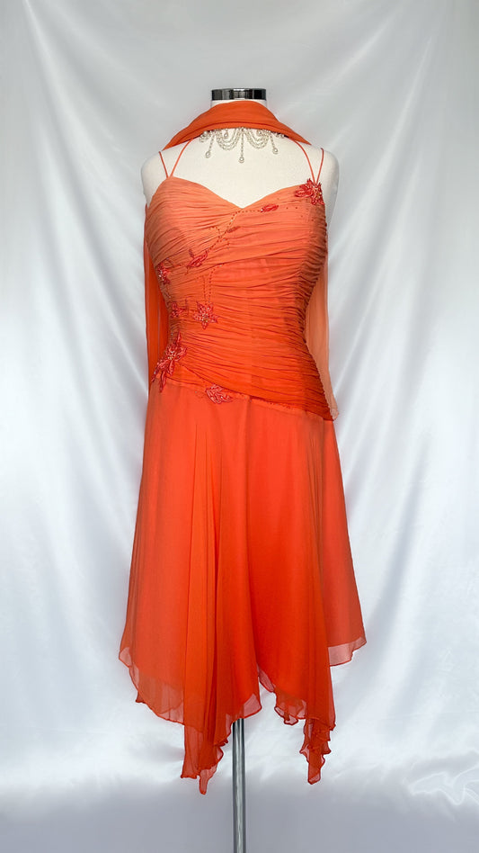 ORANGE OMBRÉ SILK EMBELLISHED MIDI DRESS WITH MATCHING SCARF