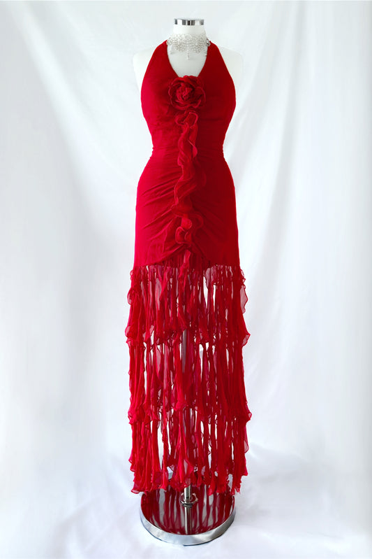 Red Rose Ruffle Jellyfish Silk Maxi Dress