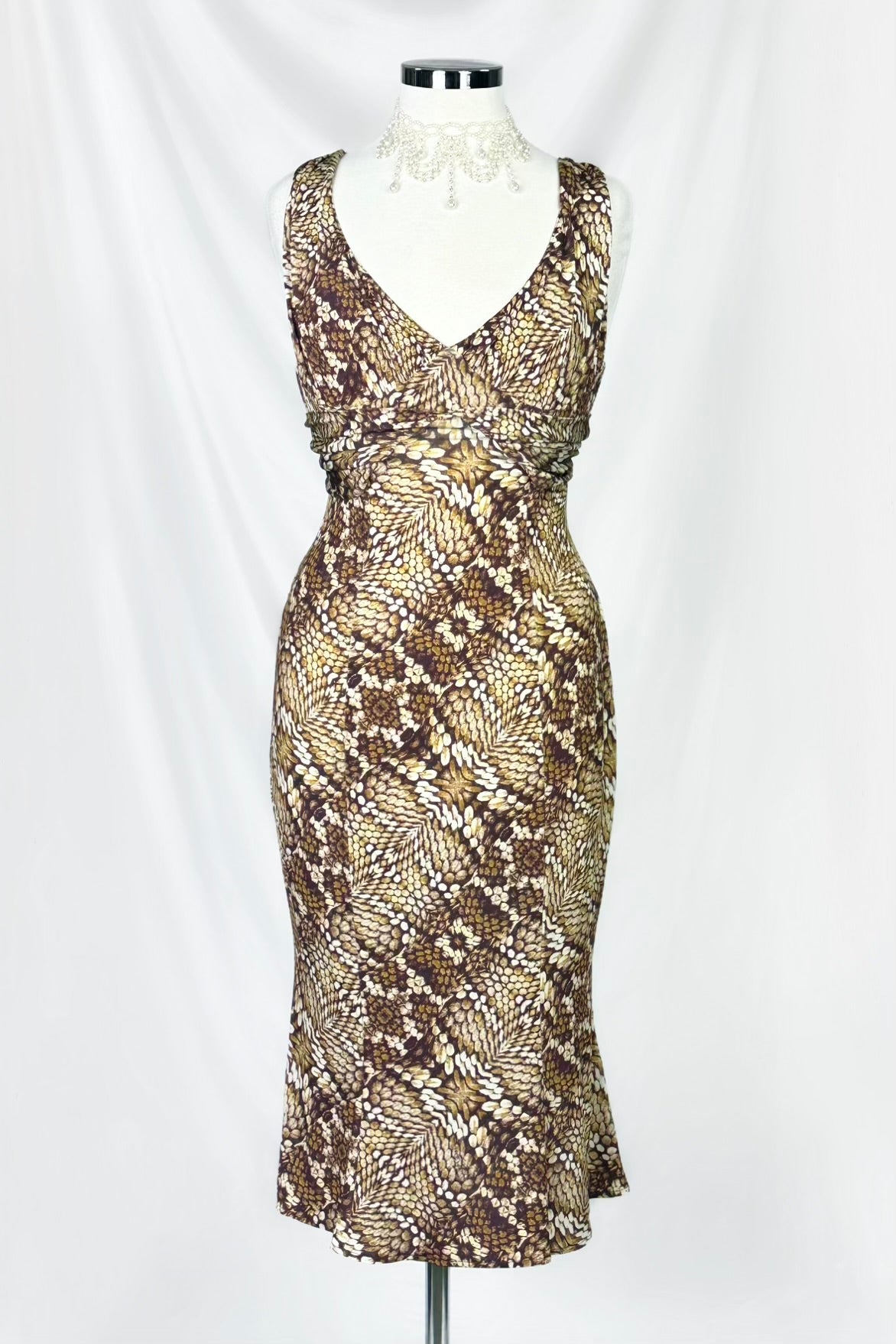 VINTAGE 00s ROBERTO CAVALLI SNAKE PRINT SLINKY MIDI DRESS