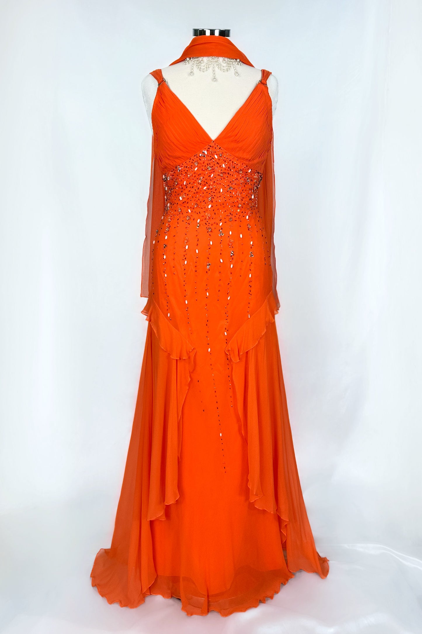 FLAME ENCHANTRESS TIERED EMBELLISHED SILK GOWN & SCARF SET