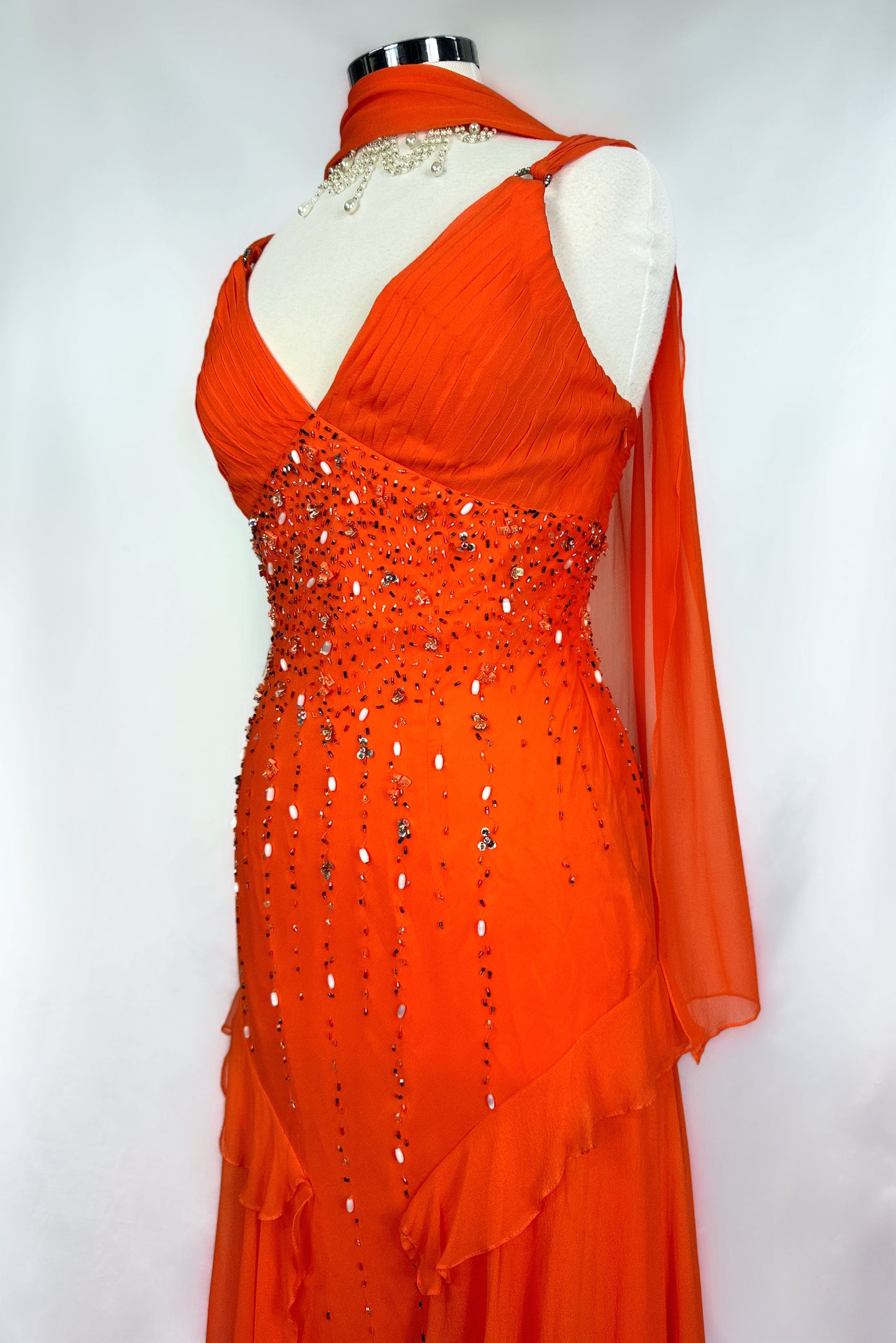 FLAME ENCHANTRESS TIERED EMBELLISHED SILK GOWN & SCARF SET