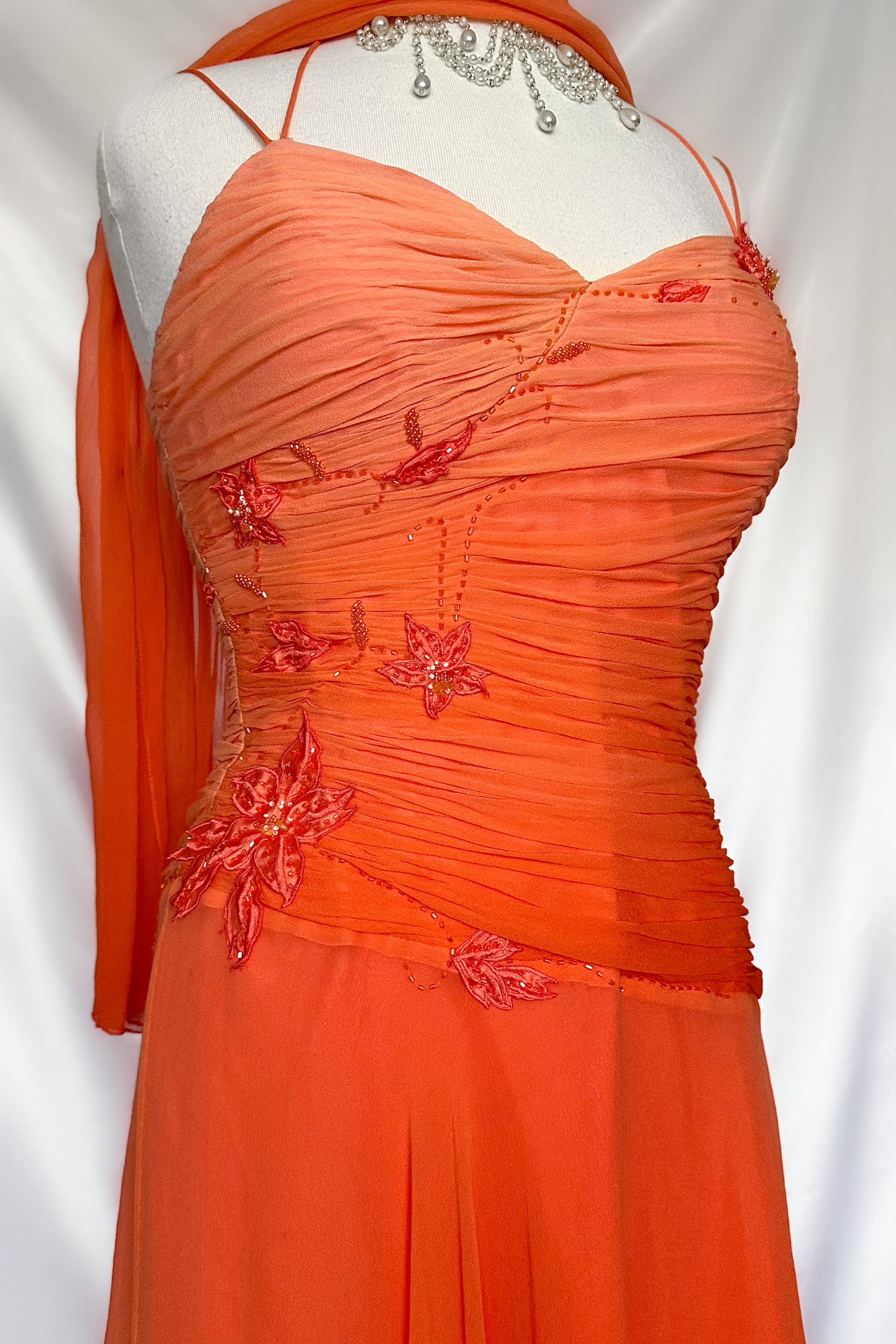 ORANGE OMBRÉ SILK EMBELLISHED MIDI DRESS WITH MATCHING SCARF