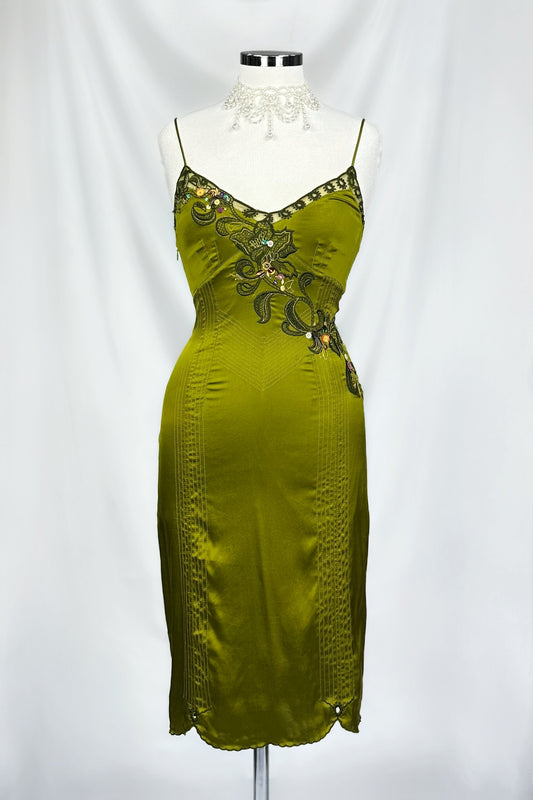 OLIVE MARTINI FAIRY SILK EMBROIDERED MIDI DRESS