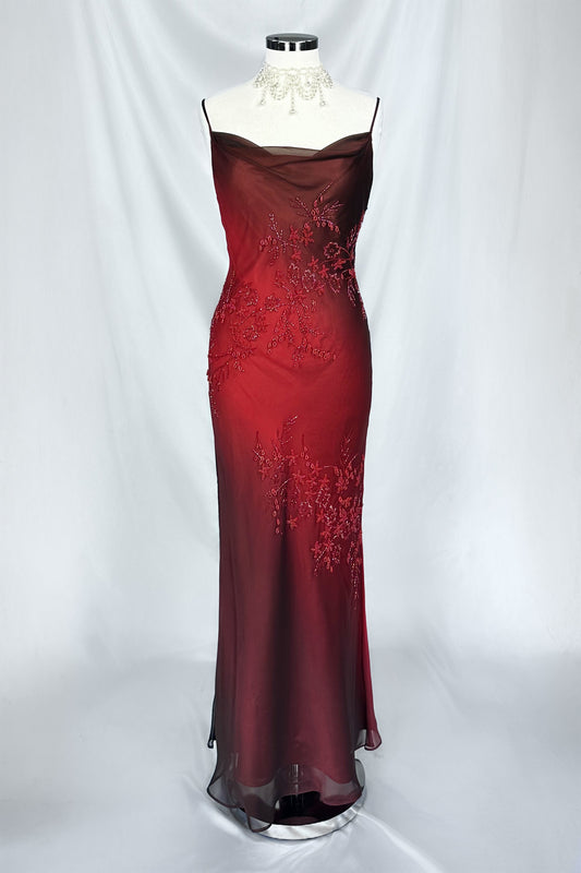 MERLOT ROSE OMBRÉ EMBELLISHED BACKLESS MAXI DRESS