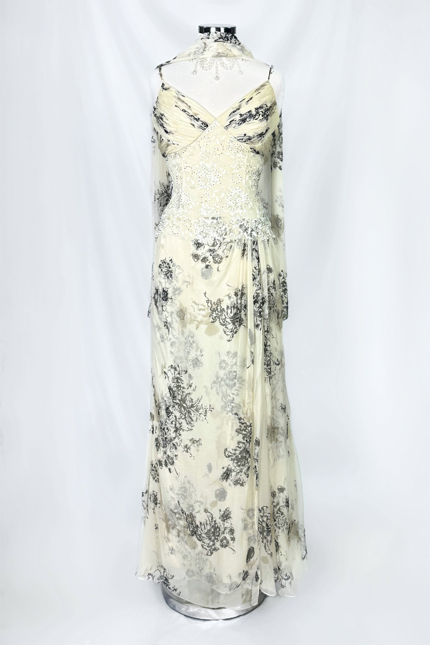 IVORY REVERIE SILK LACE EMBELLISHED MAXI DRESS WITH MATCHING SCARF